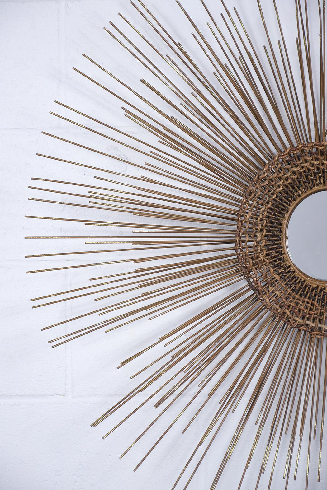 piece that effortlessly blends style and functionality. This mirror features its original fully reflective mirror insert, ensuring clarity and a pristine reflection. Its unique woven caning design around the mirror adds a touch of artistic flair and