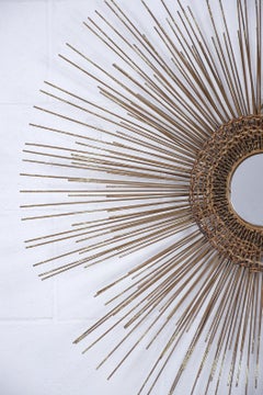 Mid-Century Modern Brass Sunburst Mirror with Woven Caning, 5.5' Diameter