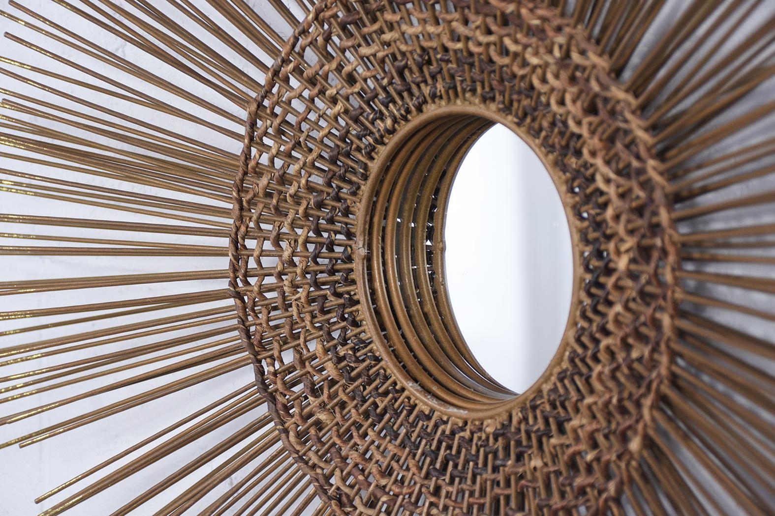 Mid-Century Modern Brass Sunburst Mirror with Woven Caning, 5.5' Diameter In Good Condition For Sale In Los Angeles, CA