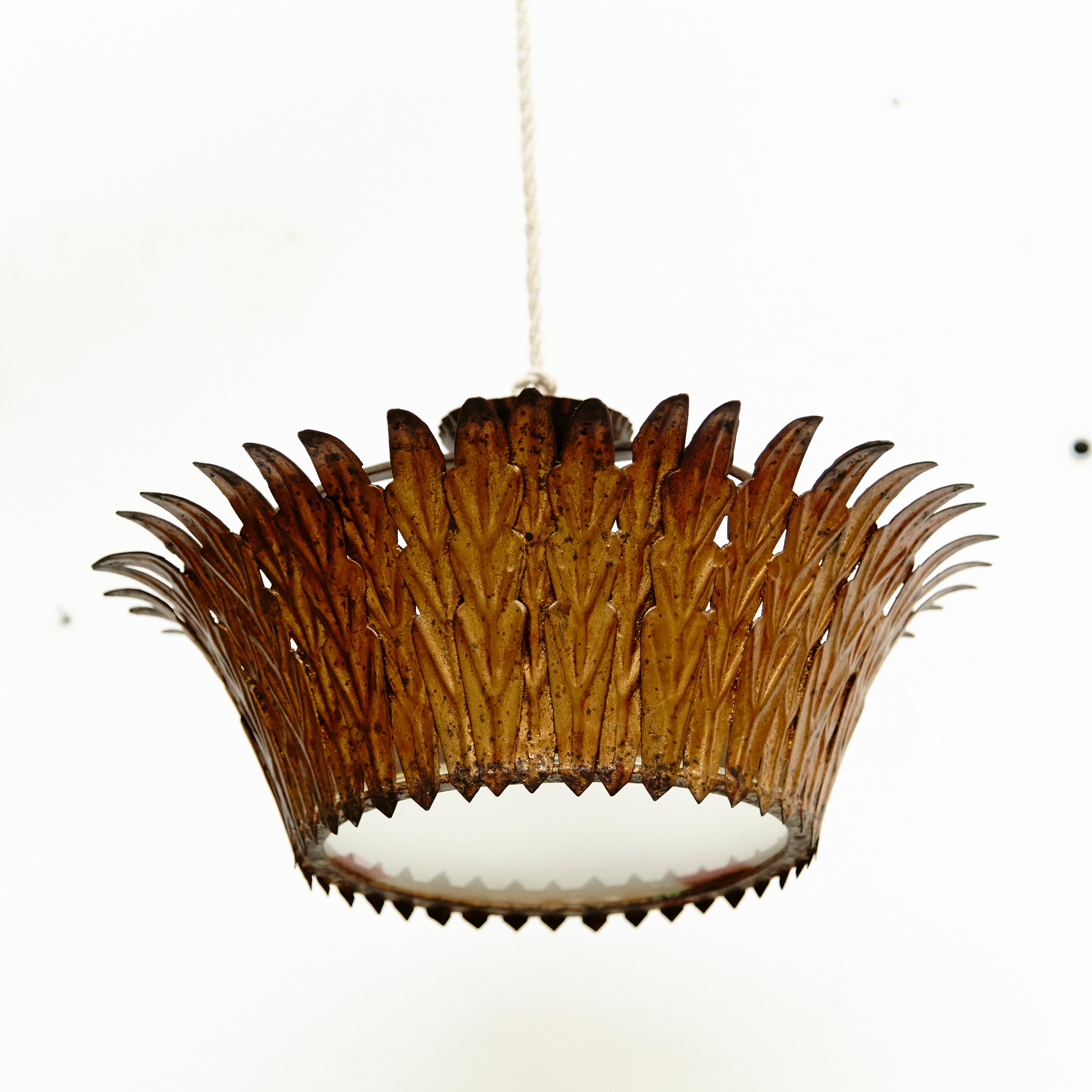Spanish Mid-Century Modern Sunburst Brass Pendant Lamp, circa 1960