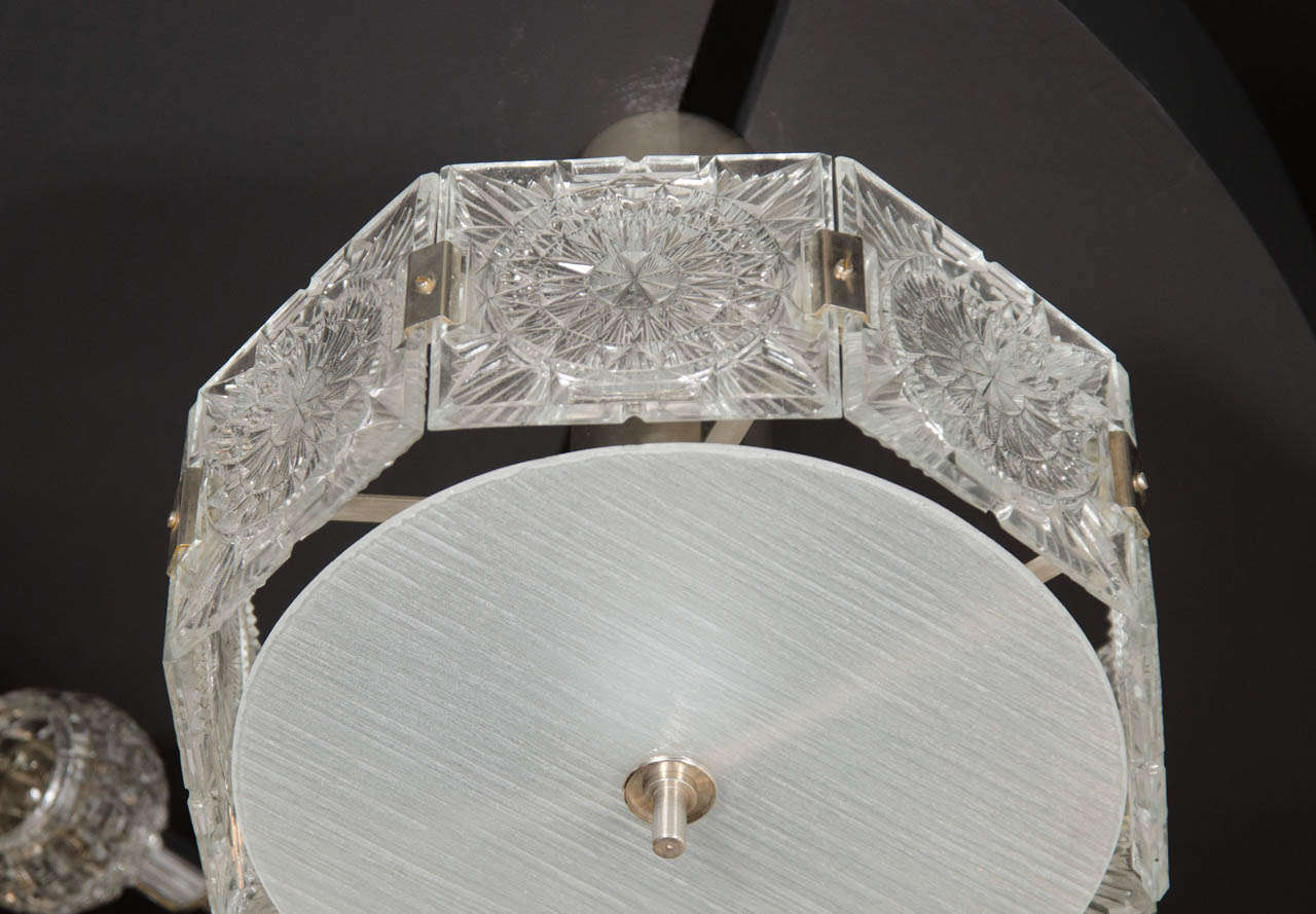 German Mid-Century Modern Sunburst Design Etched Glass & Nickel Chandelier by Kinkeldey For Sale