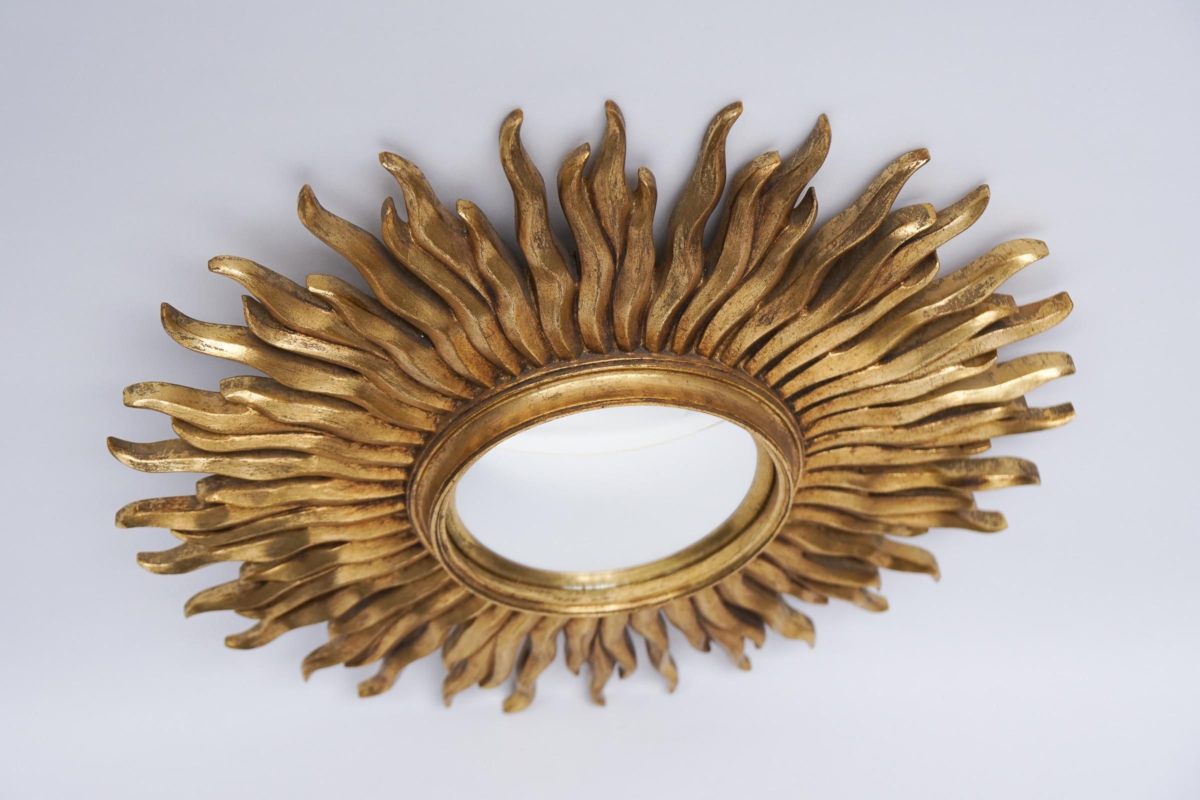 Austrian Mid-Century Modern Sunburst Golden Wall Mirror, France 1960s For Sale
