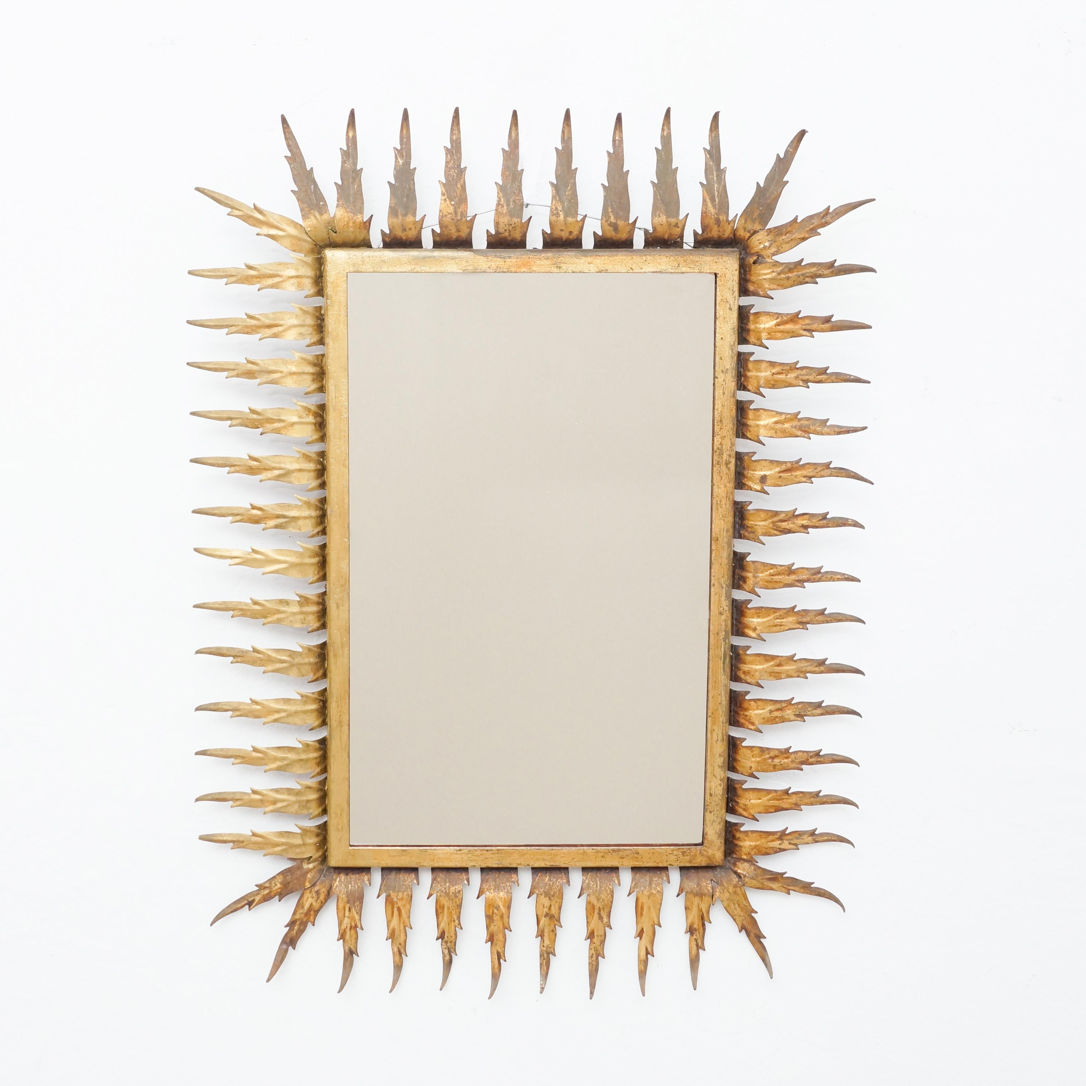 French Mid-Century Modern Sunburst Mirror Brass, circa 1960