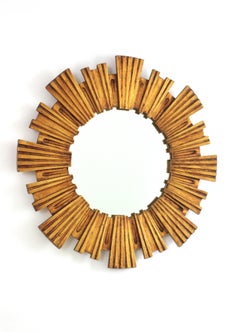 Mid-Century Modern Sunburst Mirror in Carved Giltwood, Spain 1950s