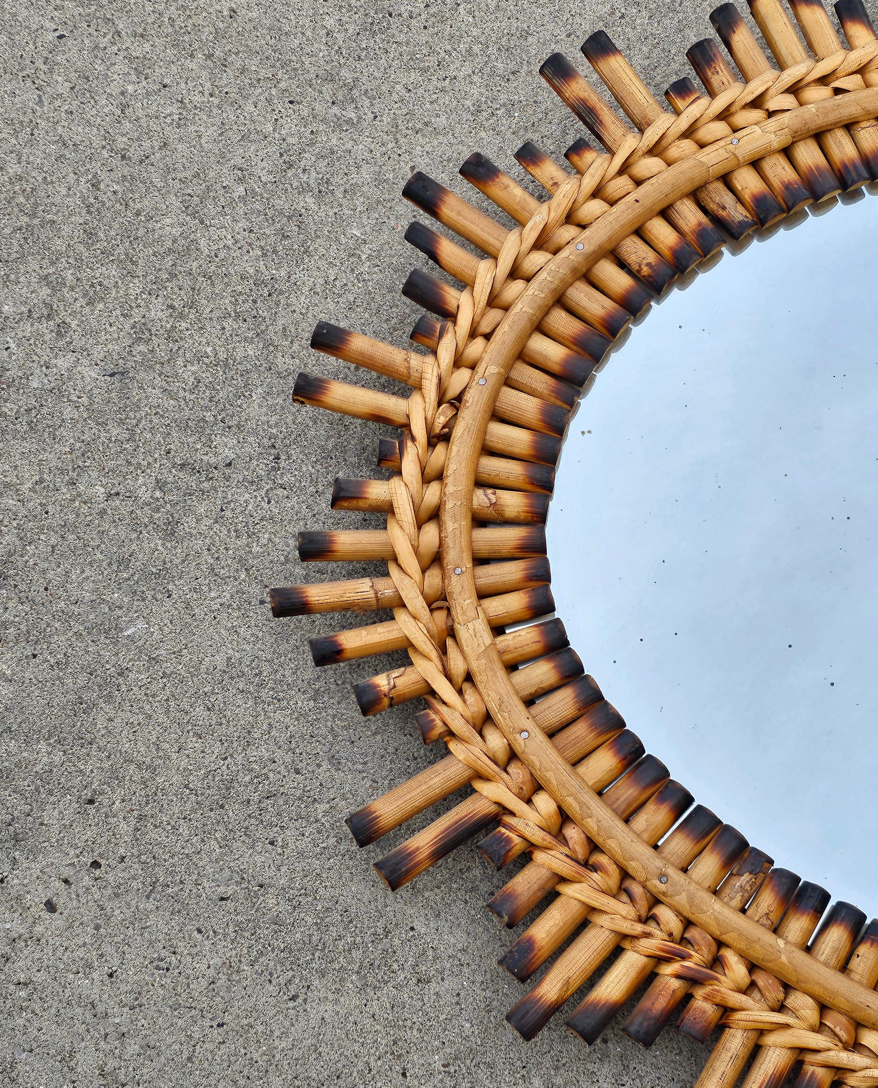 Mid Century Modern Sunburst Mirror with Bamboo Frame, Italy 1960s In Good Condition For Sale In Beograd, RS