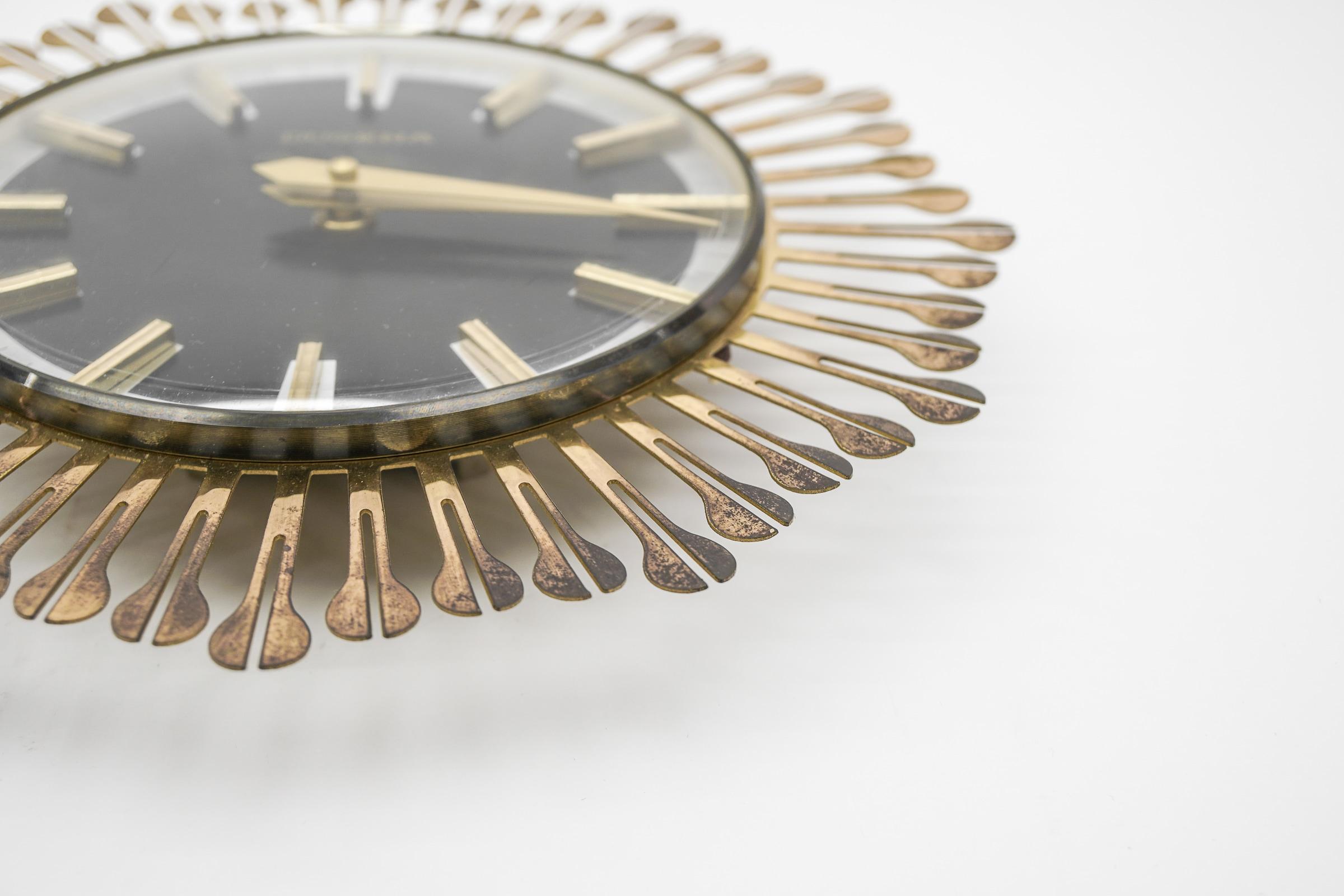 Mid-20th Century Mid-Century Modern Sunburst Wall Clock by Dugena in Brass, 1960s, Germany For Sale
