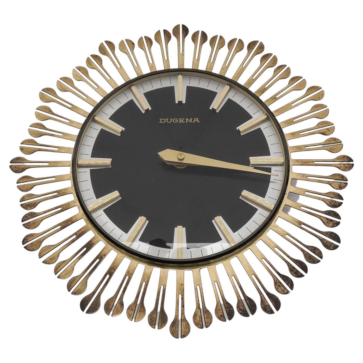 Mid-Century Modern Sunburst Wall Clock by Dugena in Brass, 1960s, Germany For Sale