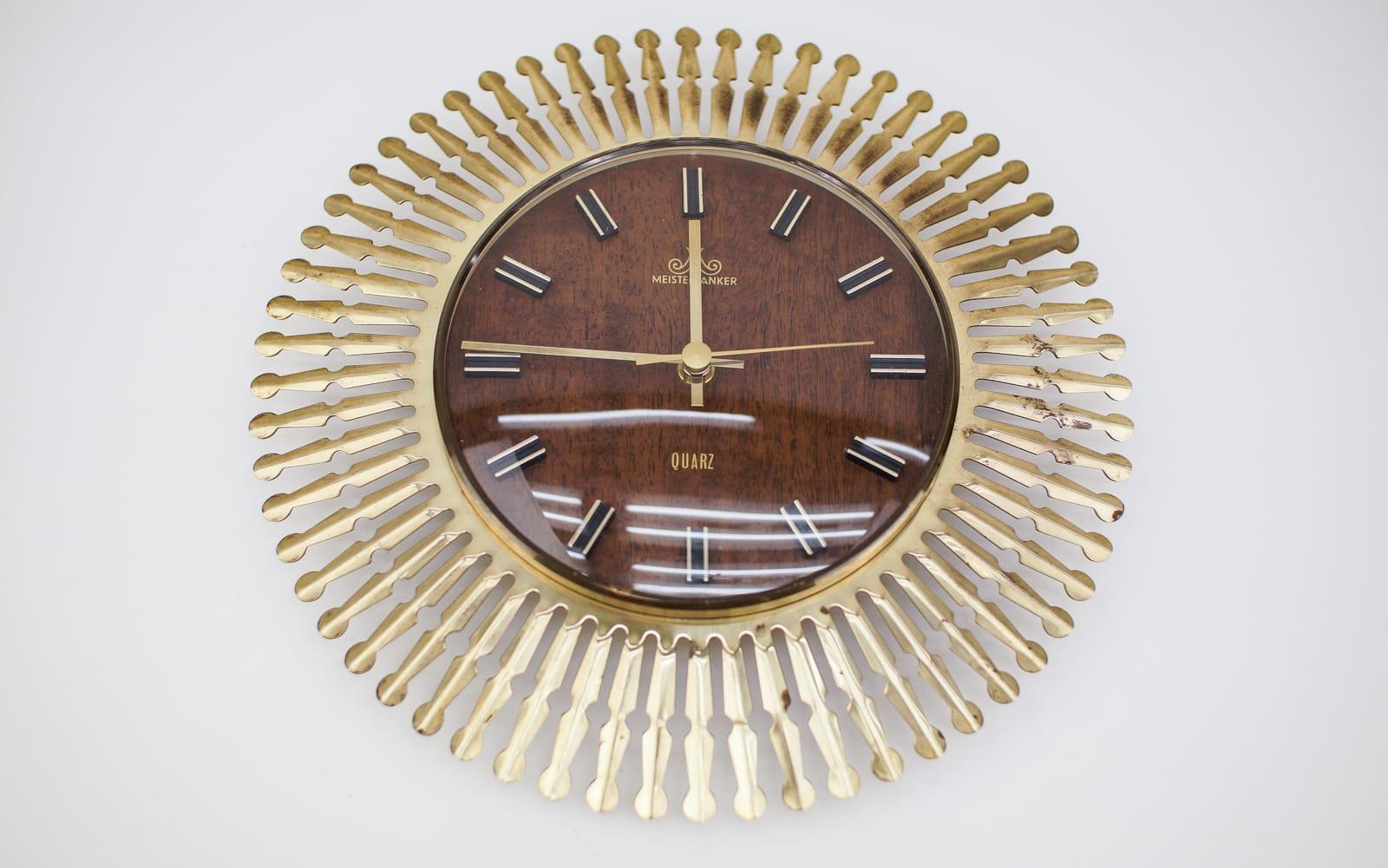 Mid-20th Century Mid-Century Modern Sunburst Wall Clock by Meister Anker in Brass, 1960s Germany For Sale