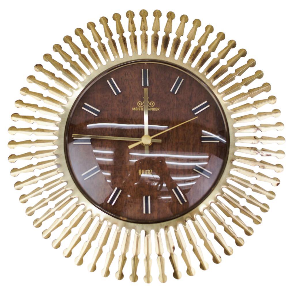 Mid-Century Modern Sunburst Wall Clock by Meister Anker in Brass, 1960s Germany