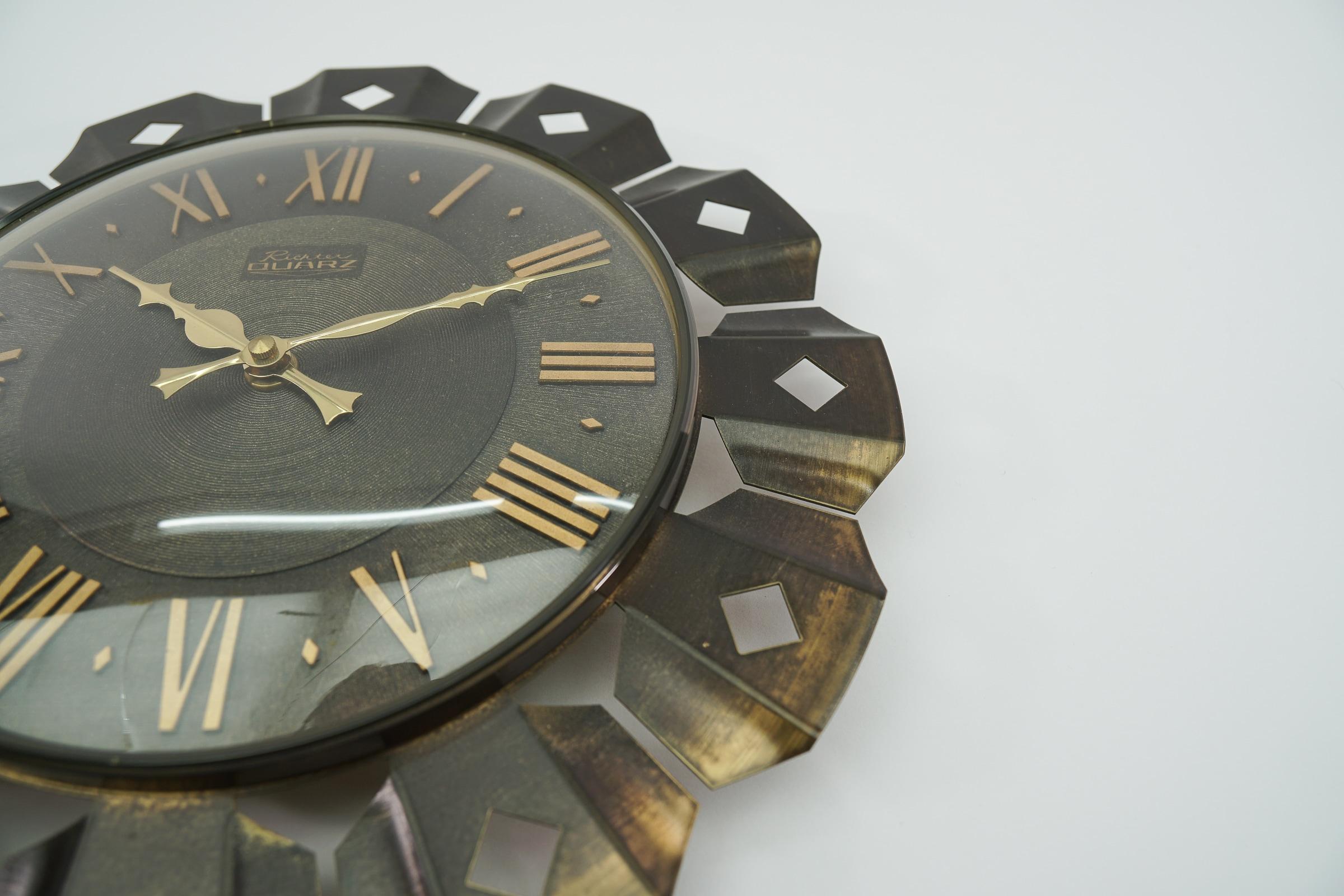 Mid-20th Century Mid-Century Modern Sunburst Wall Clock by Richter Quarz in Brass, 1960s Germany For Sale