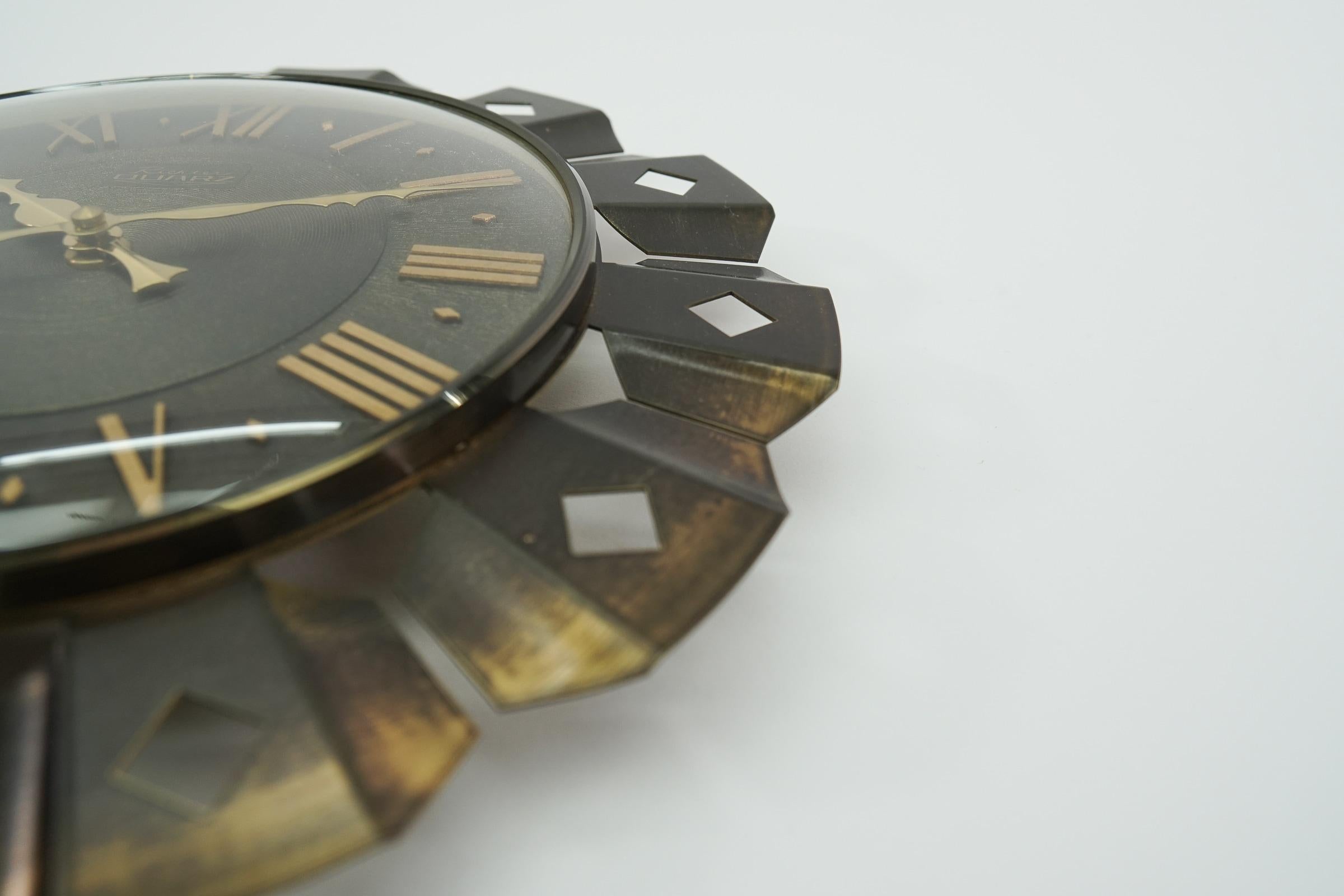 Metal Mid-Century Modern Sunburst Wall Clock by Richter Quarz in Brass, 1960s Germany For Sale