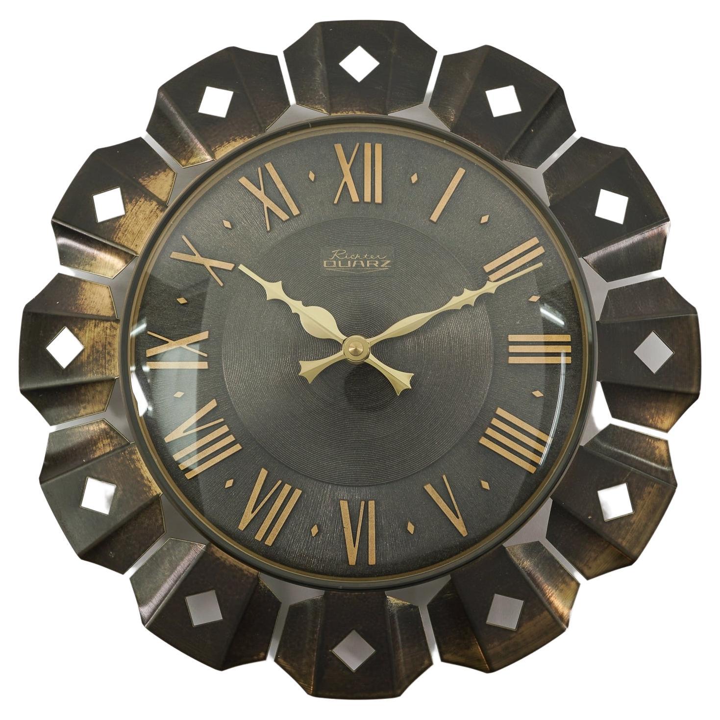 Mid-Century Modern Sunburst Wall Clock by Richter Quarz in Brass, 1960s Germany For Sale