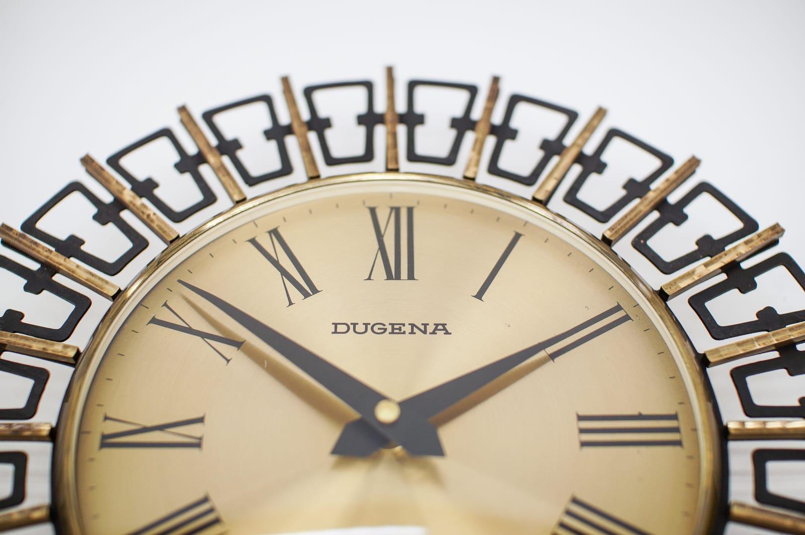 Metal Mid-Century Modern Sunburst Wall Clock in Brass by Dugena, 1960s, Germany For Sale