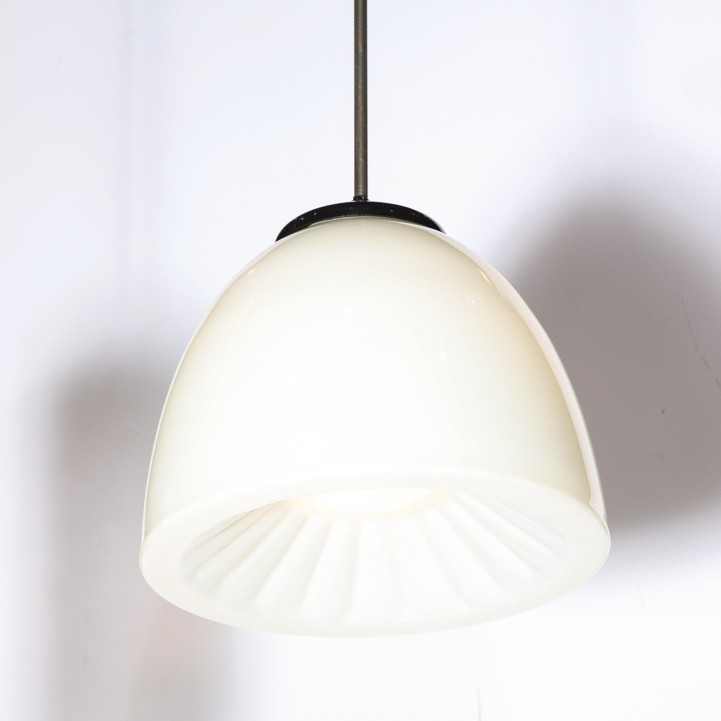 Mid-Century Modern Sunburst White Milk Glass Pendant with Black Enamel Fittings For Sale 5