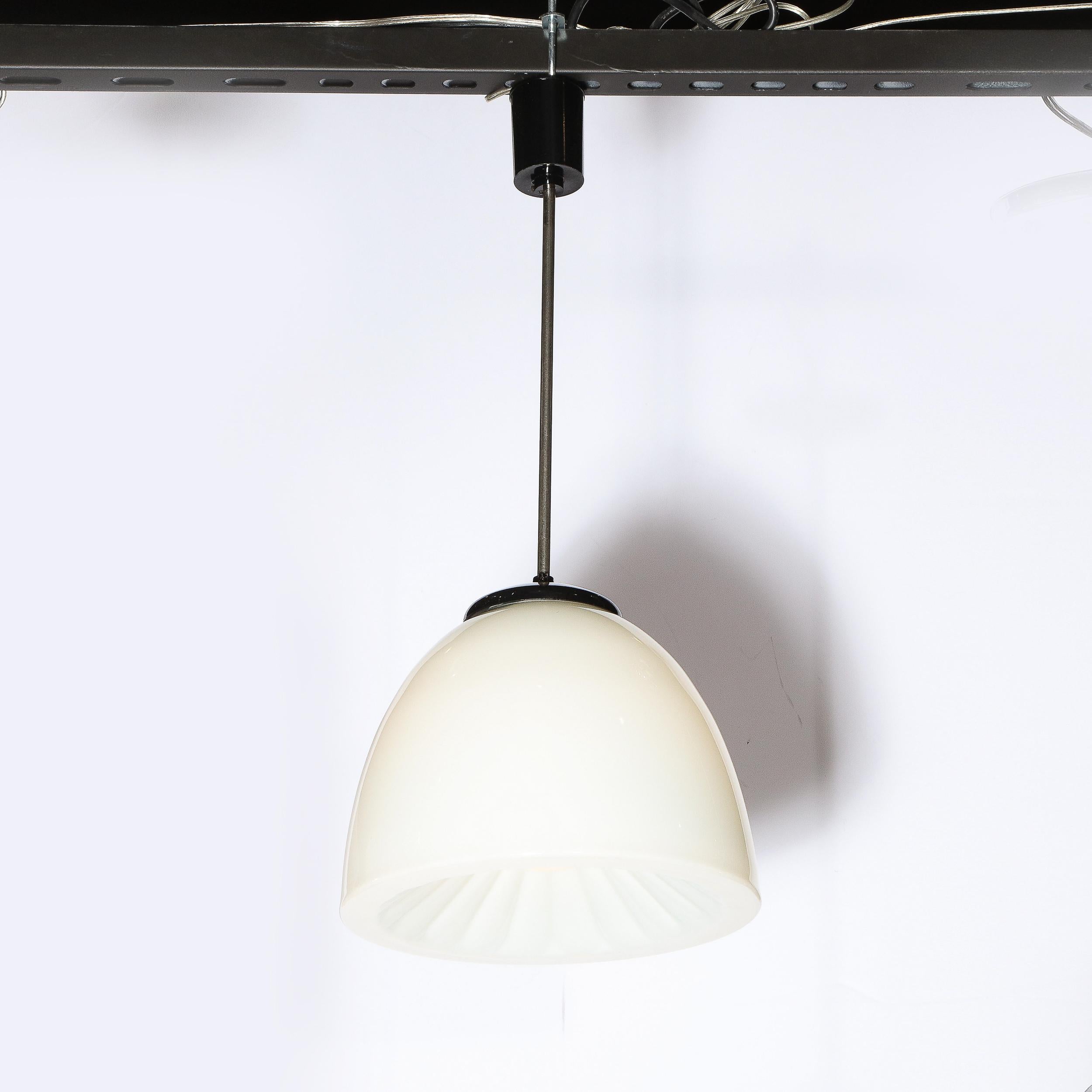 Mid-Century Modern Sunburst White Milk Glass Pendant with Black Enamel Fittings For Sale 11
