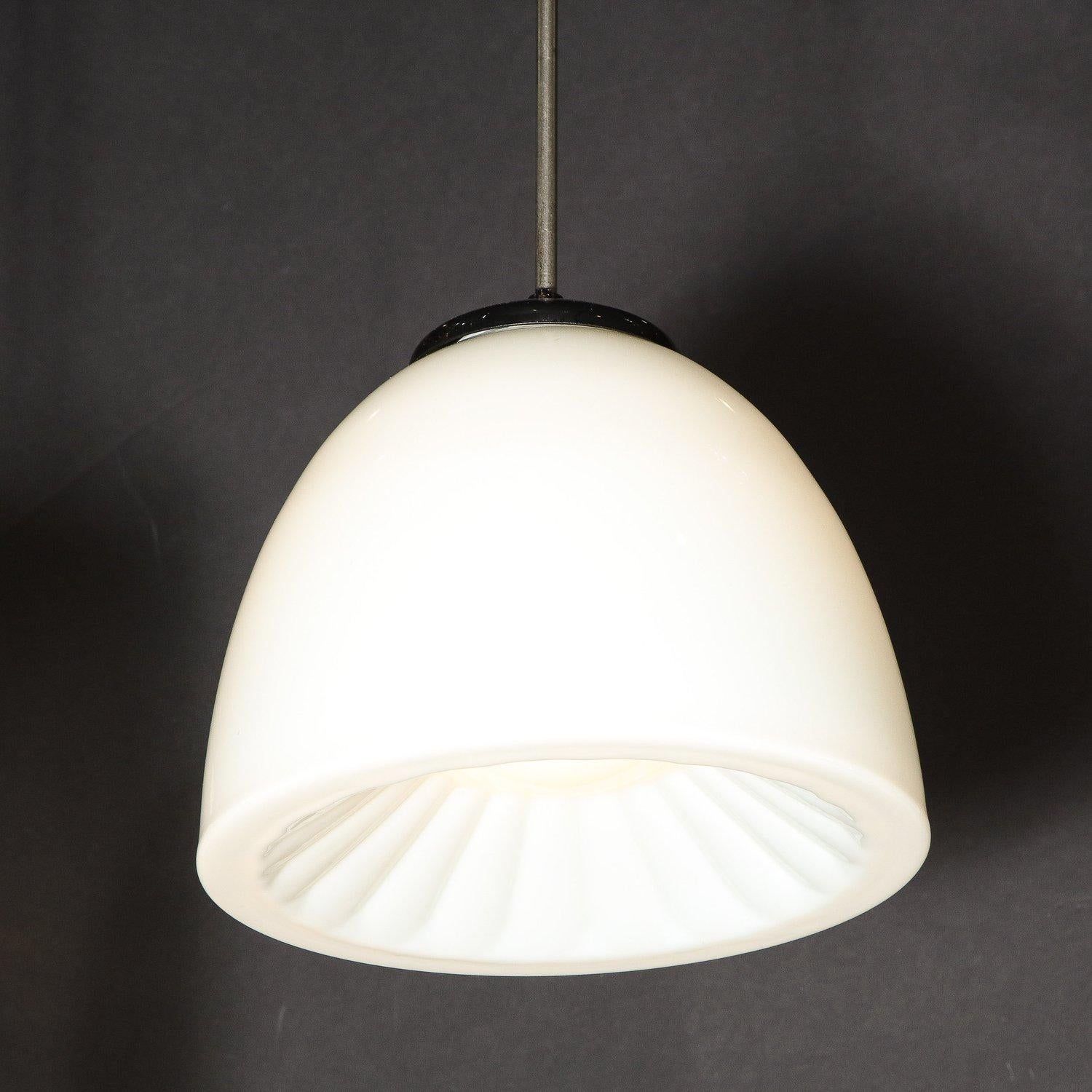 Mid-Century Modern Sunburst White Milk Glass Pendants with Black Enamel Fittings In Excellent Condition For Sale In New York, NY