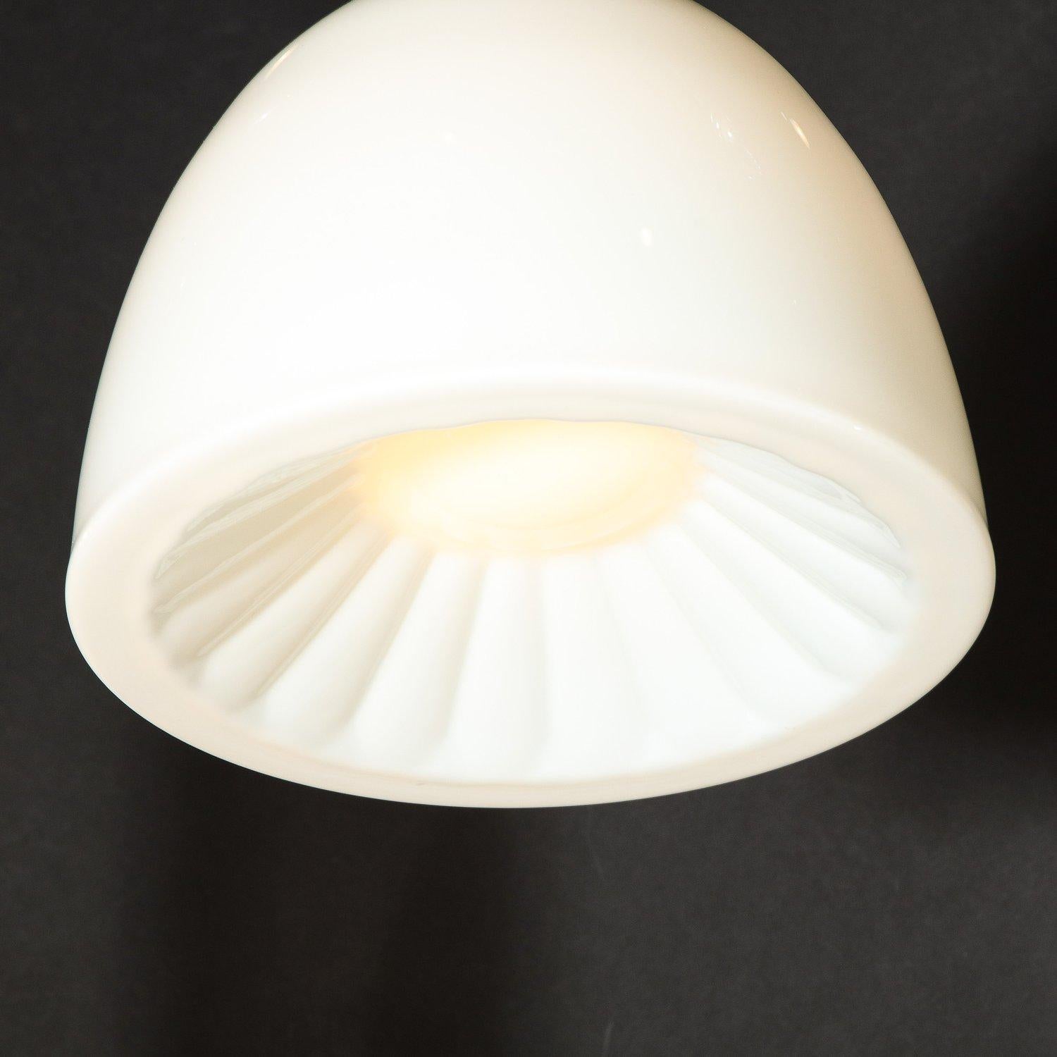 Mid-Century Modern Sunburst White Milk Glass Pendants with Black Enamel Fittings For Sale 1