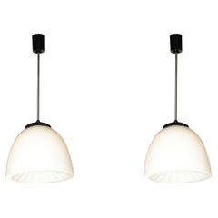 Vintage Mid-Century Modern Sunburst White Milk Glass Pendants with Black Enamel Fittings