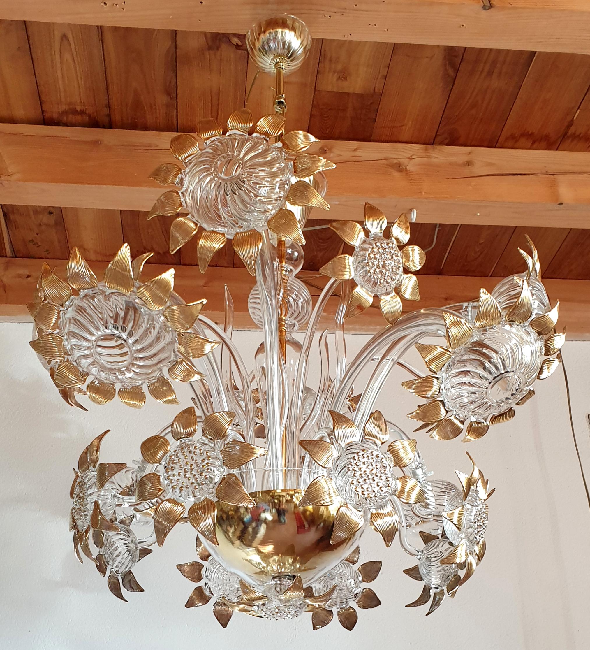 Italian Mid-Century Modern Sunflower Murano Glass Chandelier, Seguso Style, Italy, 1970s