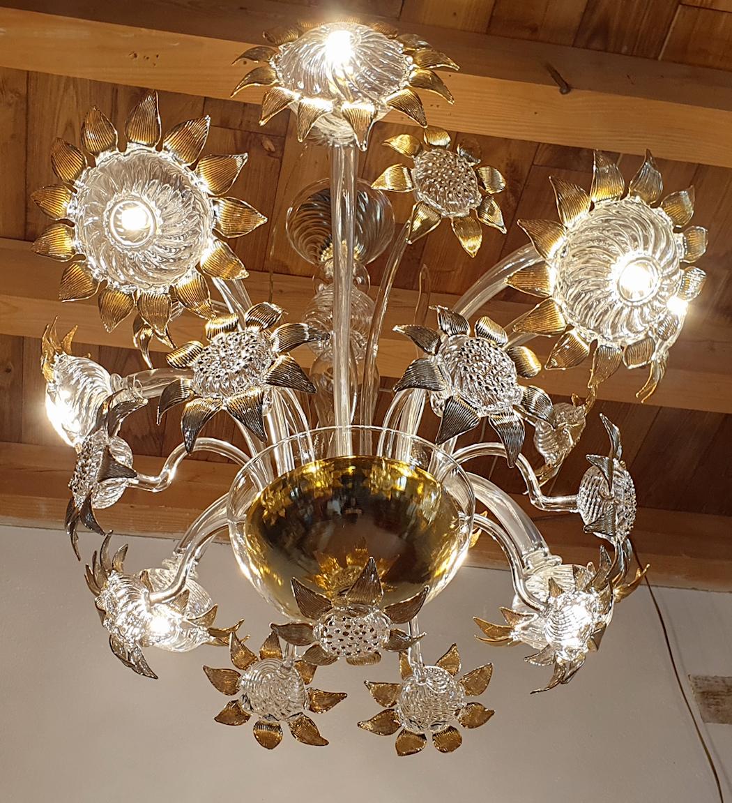 Gold Plate Mid-Century Modern Sunflower Murano Glass Chandelier, Seguso Style, Italy, 1970s