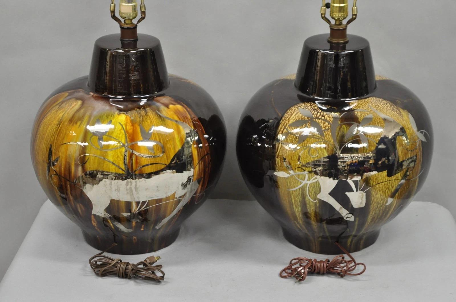 Lámparas de sobremesa de cerámica con esmalte goteado marrón Cosco de mediados del siglo XX Pareja B en venta 6