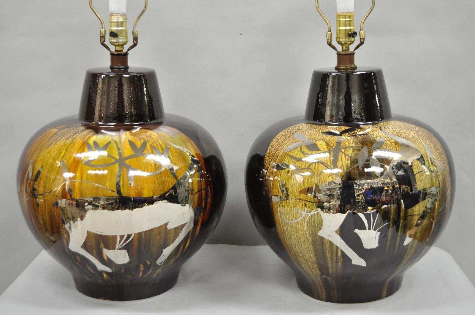 Lámparas de sobremesa de cerámica con esmalte goteado marrón Cosco de mediados del siglo XX Pareja B Moderno de mediados de siglo en venta