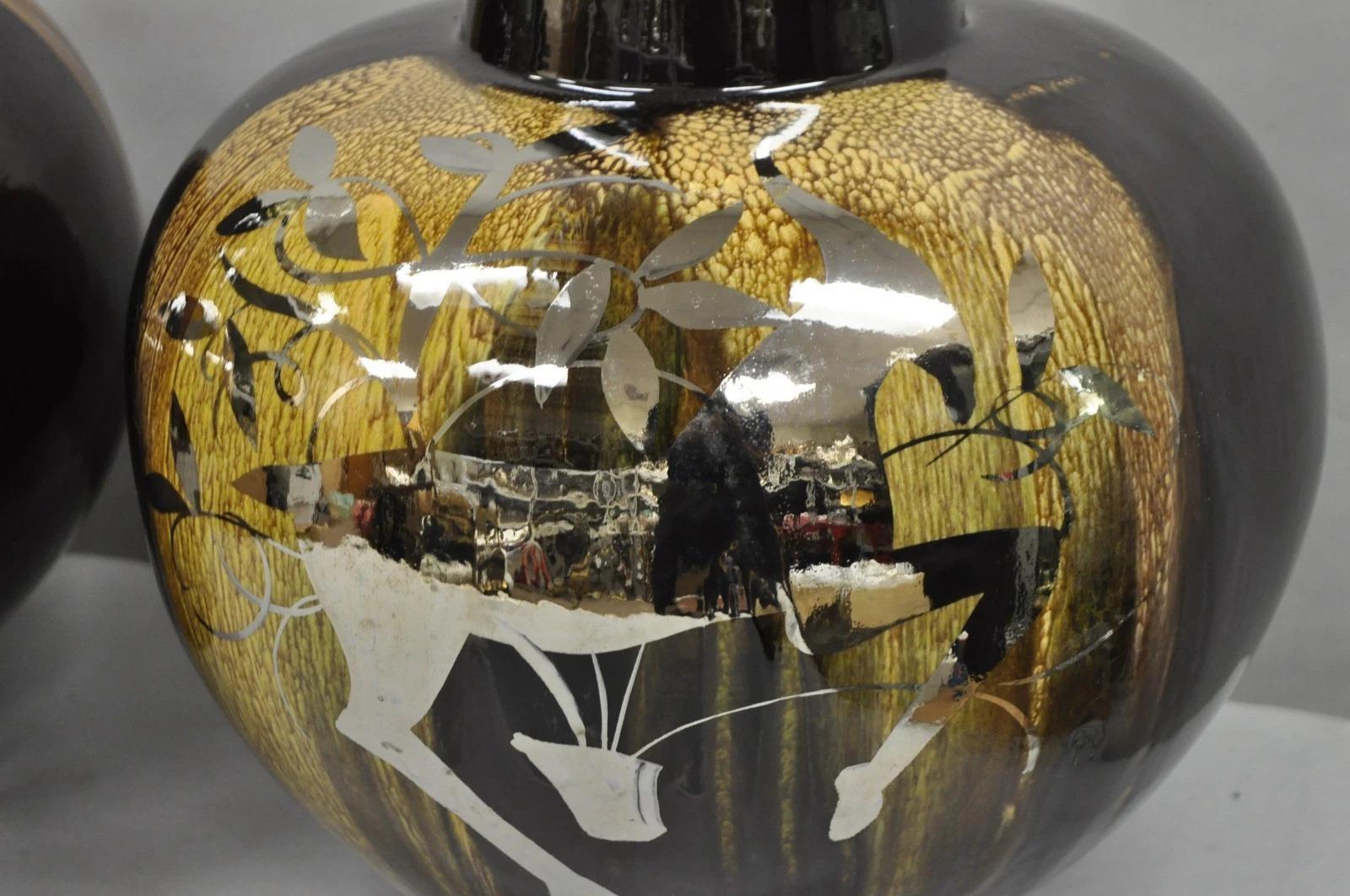 Lámparas de sobremesa de cerámica con esmalte goteado marrón Cosco de mediados del siglo XX Pareja B en Bueno estado para la venta en Philadelphia, PA