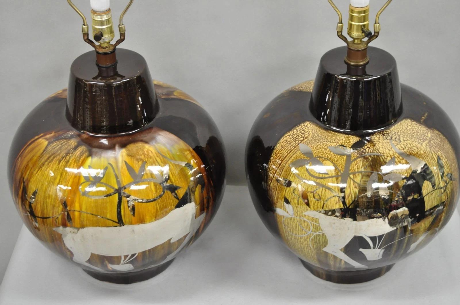 Lámparas de sobremesa de cerámica con esmalte goteado marrón Cosco de mediados del siglo XX Pareja B Cerámico en venta