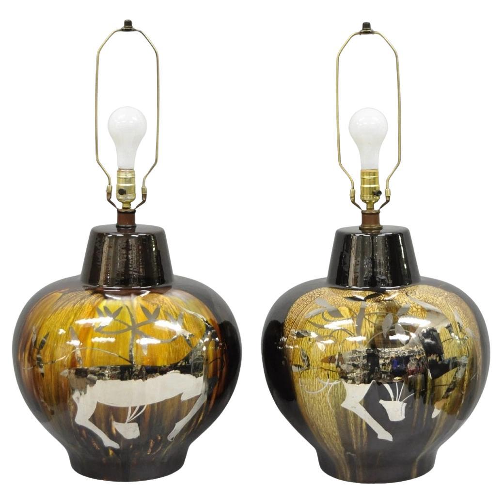 Lámparas de sobremesa de cerámica con esmalte goteado marrón Cosco de mediados del siglo XX Pareja B en venta