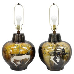 Mid Century Modern Sunset Cosco Ram Brown Drip Glaze Pottery Table Lamps Pair B