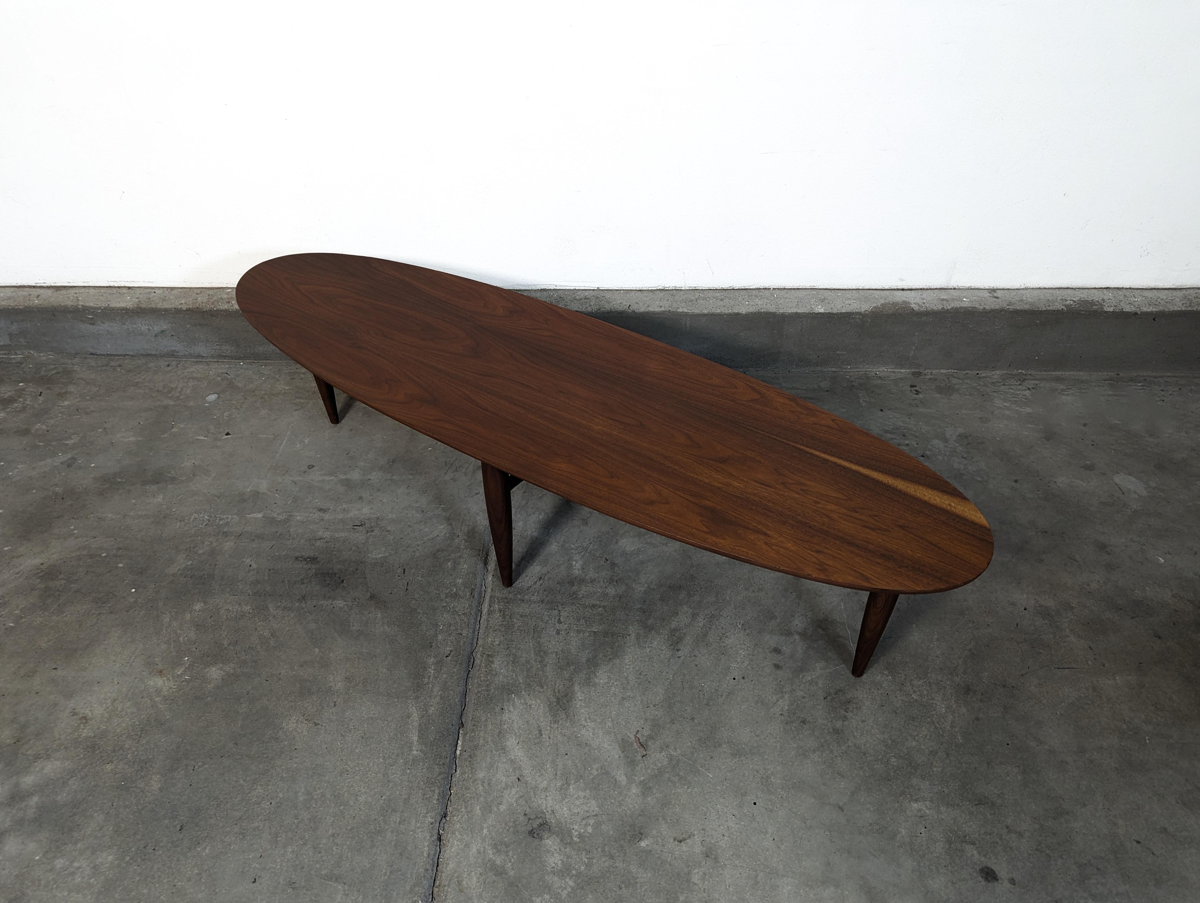 Walnut Mid Century Modern Surfboard Coffee Table by Mersman, c1960s For Sale