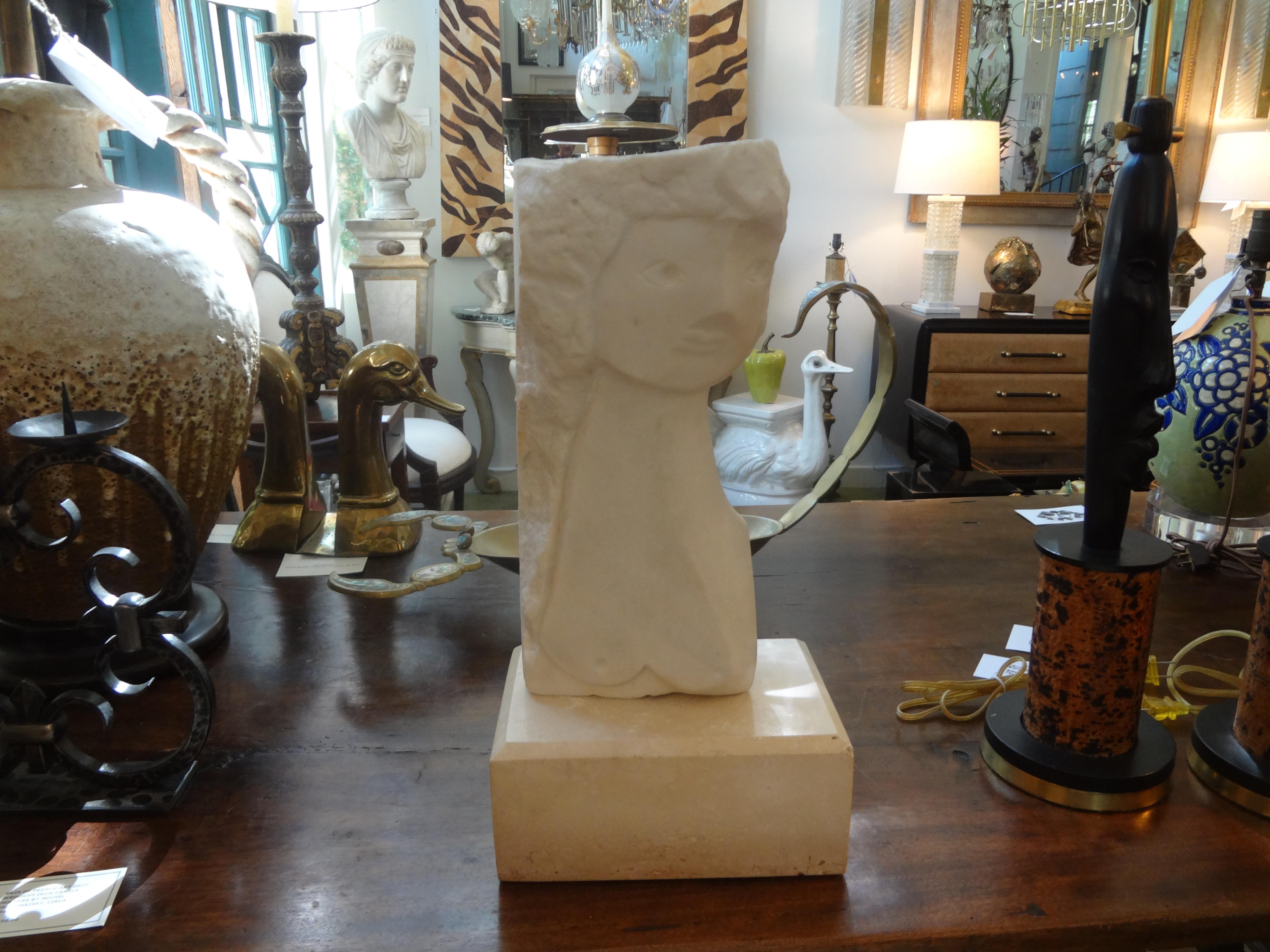 Mid-Century Modern Surrealist Marble Bust on Plinth After Picasso 6