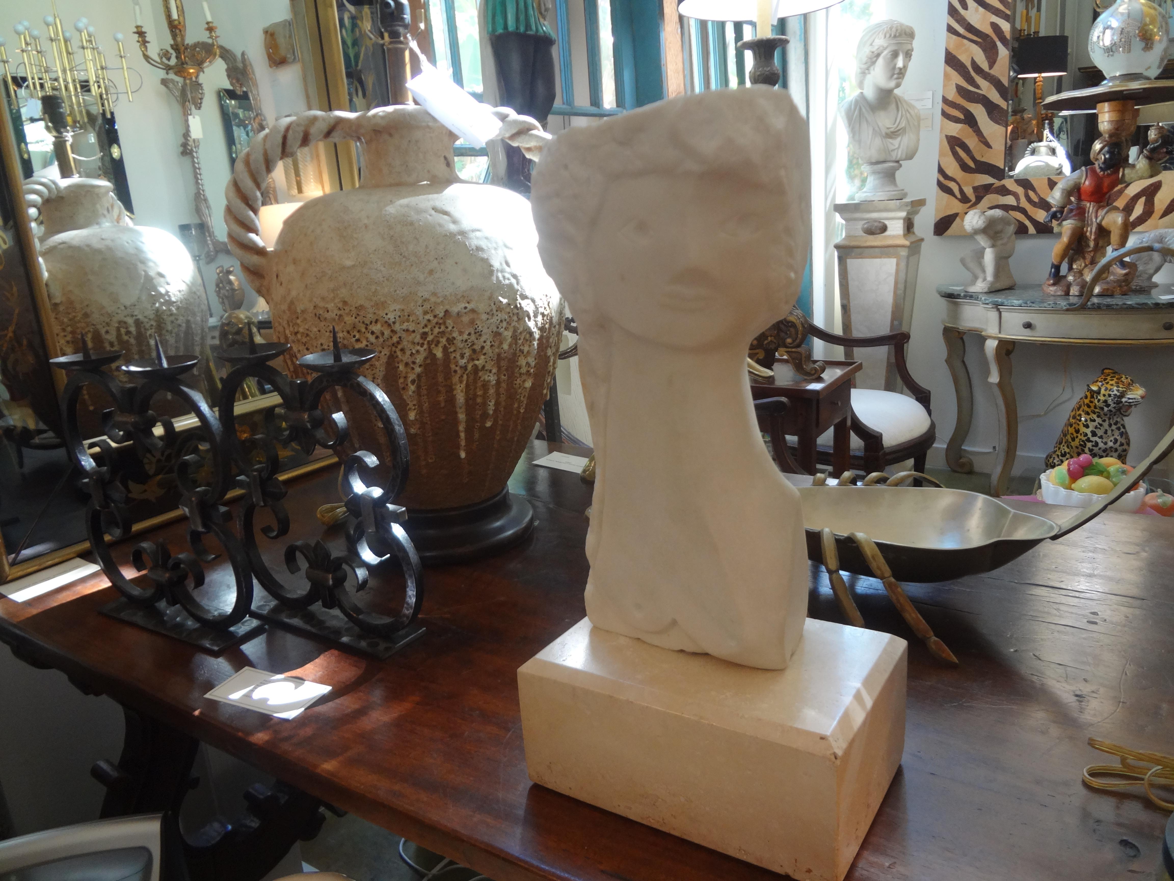 Hand-Carved Mid-Century Modern Surrealist Marble Bust on Plinth After Picasso