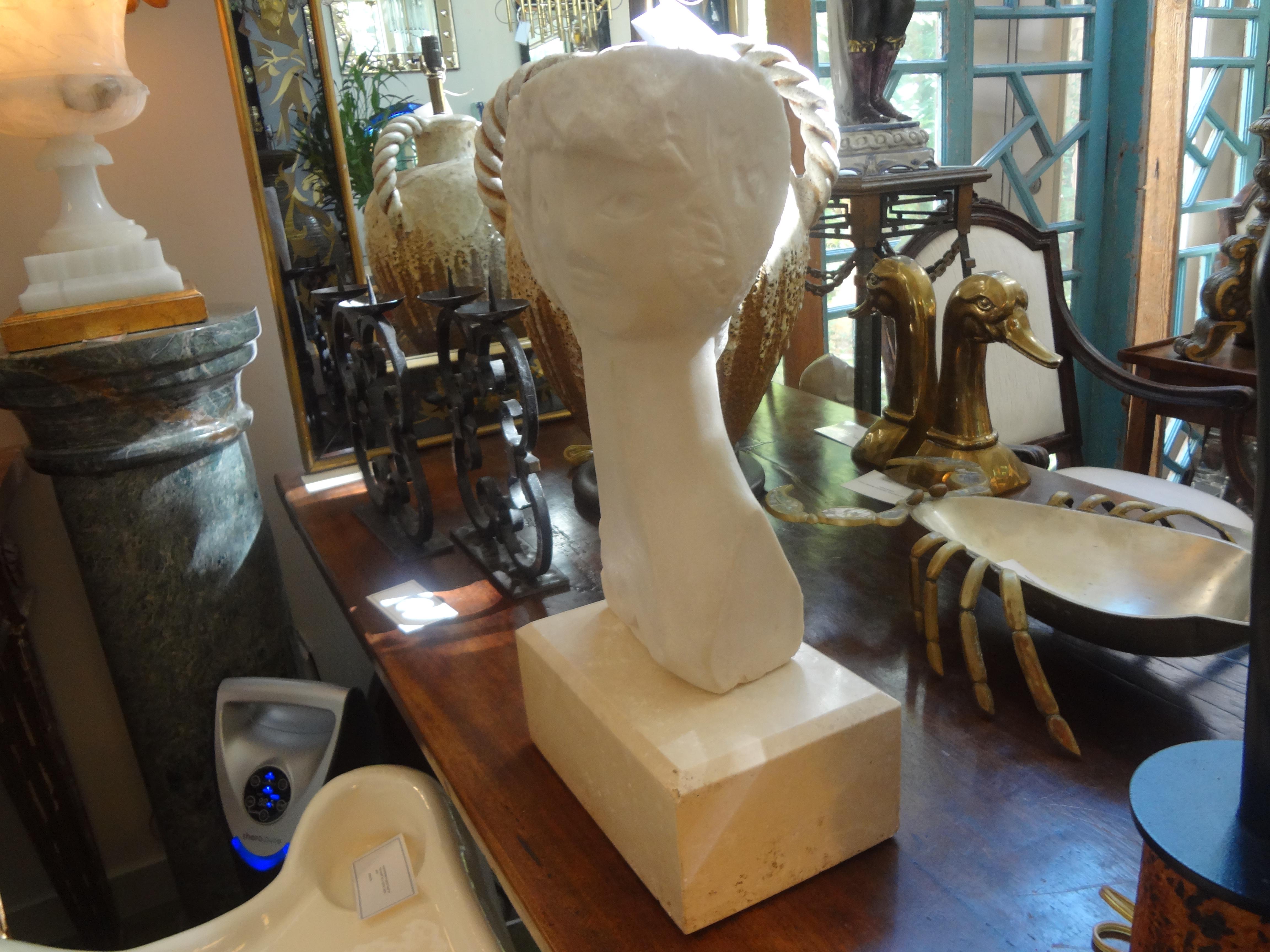 Mid-Century Modern Surrealist Marble Bust on Plinth After Picasso 1