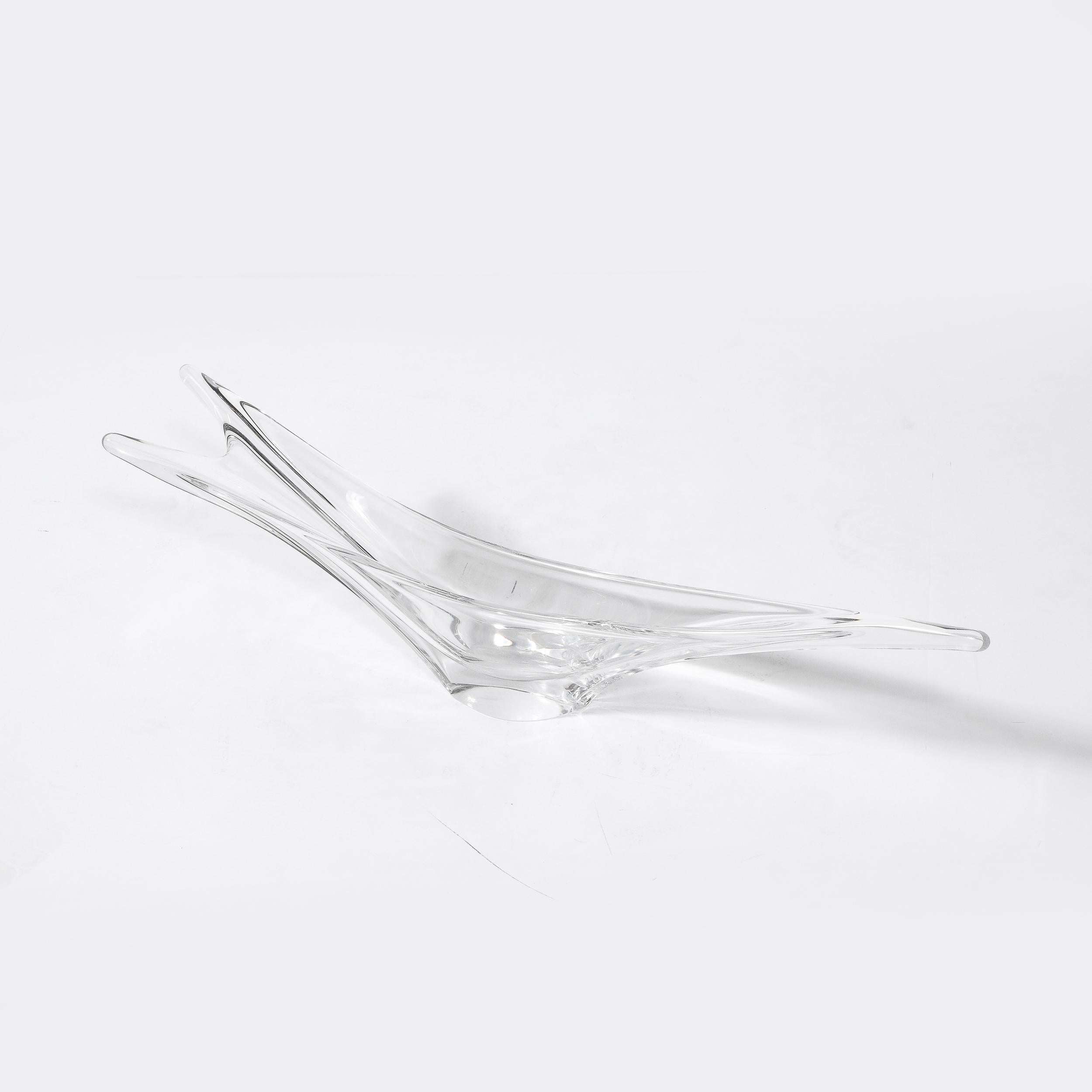 French Mid-Century Modern Swallow Tail Form Centerpiece in Clear Crystal Signed Daum For Sale