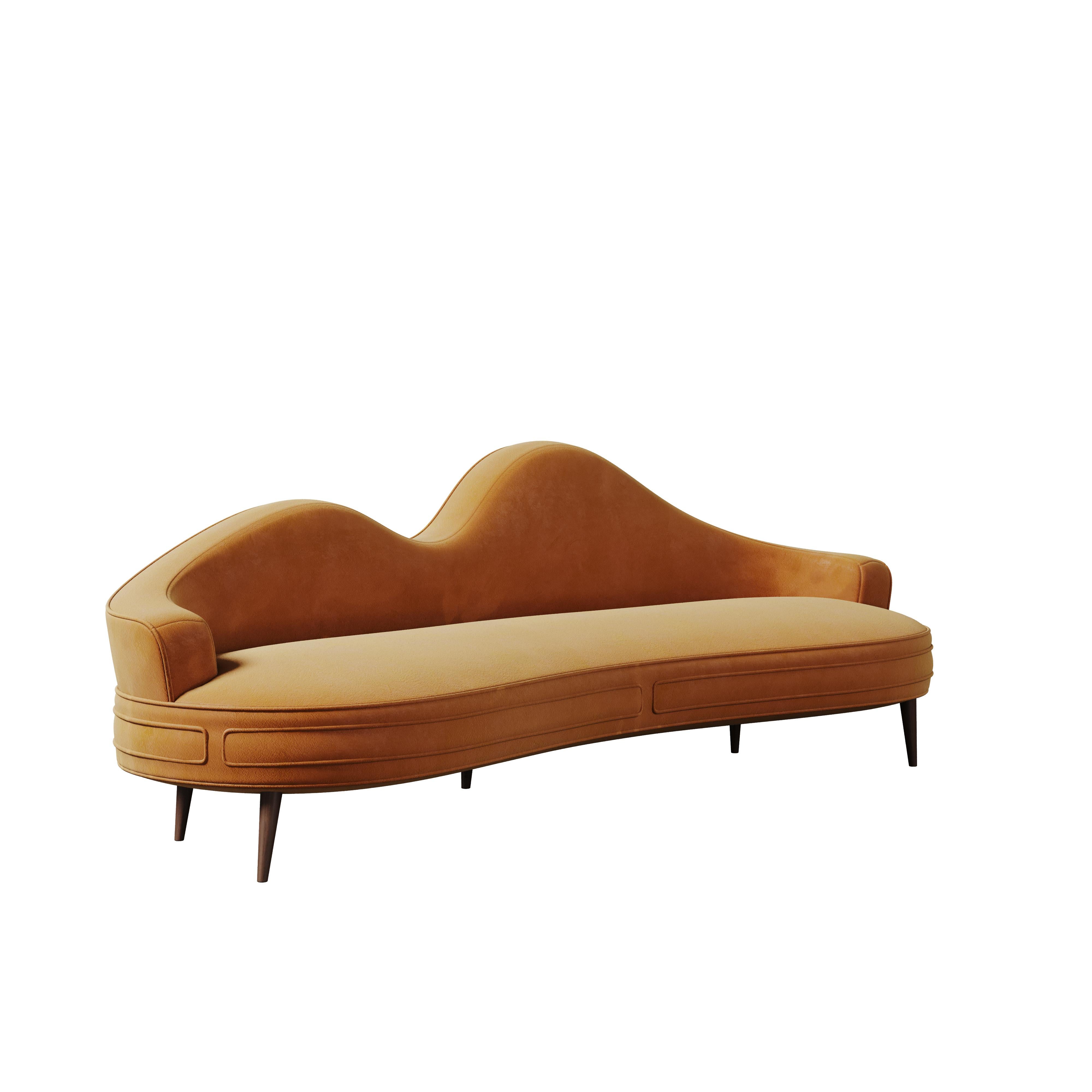 Contemporary Mid-Century Modern Swanson Sofa Cotton Velvet Walnut Wood Brass For Sale