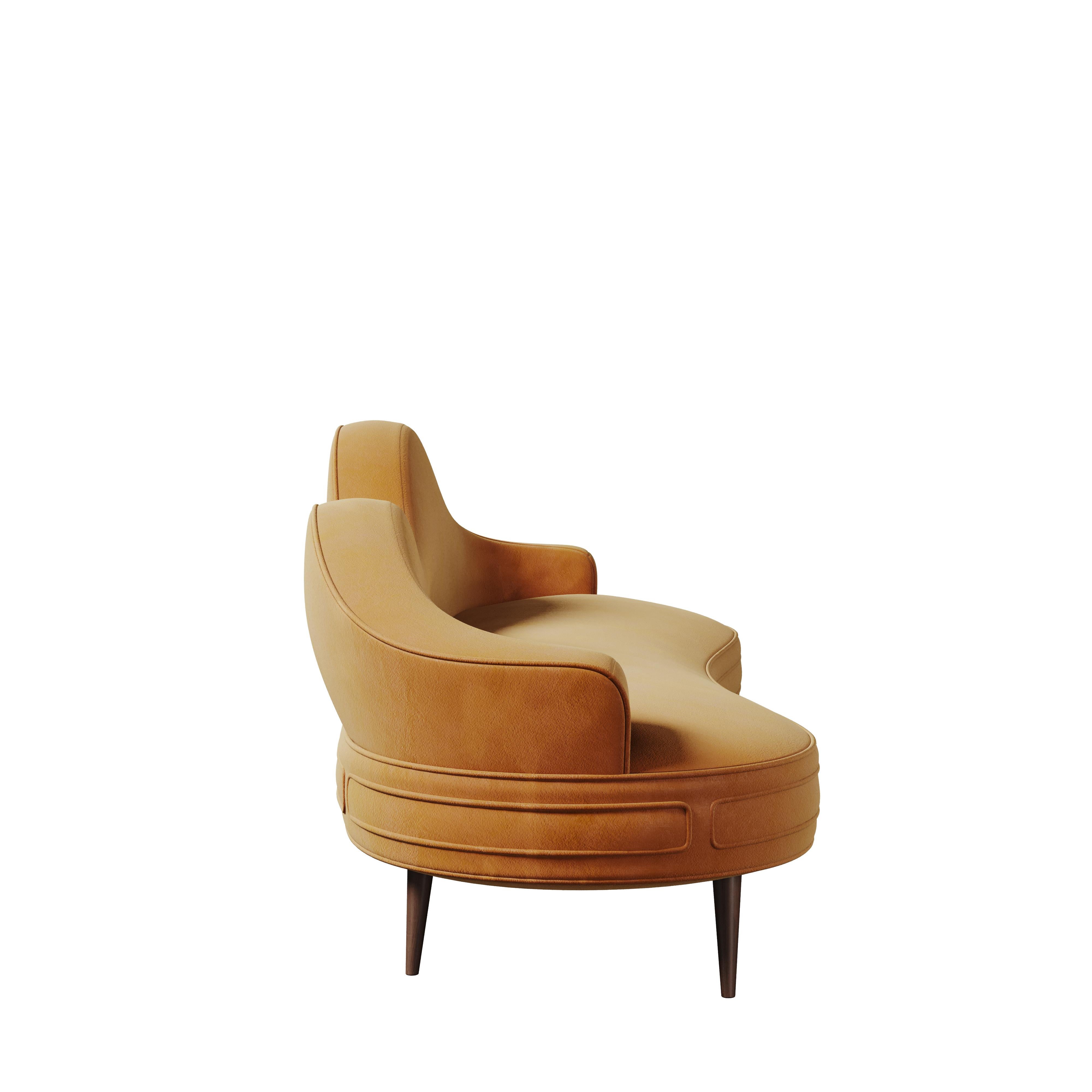 Mid-Century Modern Swanson Sofa Cotton Velvet Walnut Wood Brass For Sale 1