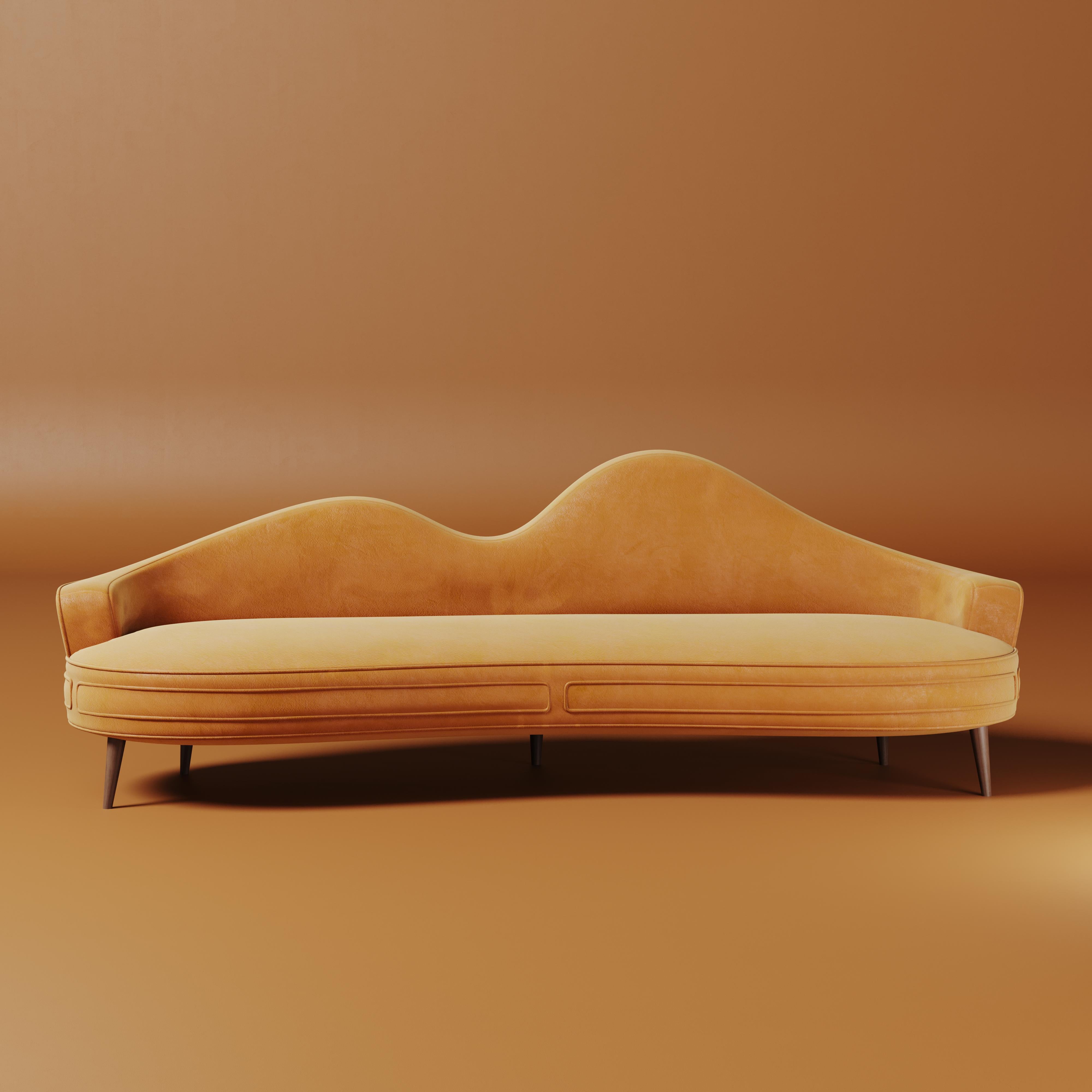 Mid-Century Modern Swanson Sofa Cotton Velvet Walnut Wood Brass For Sale 4