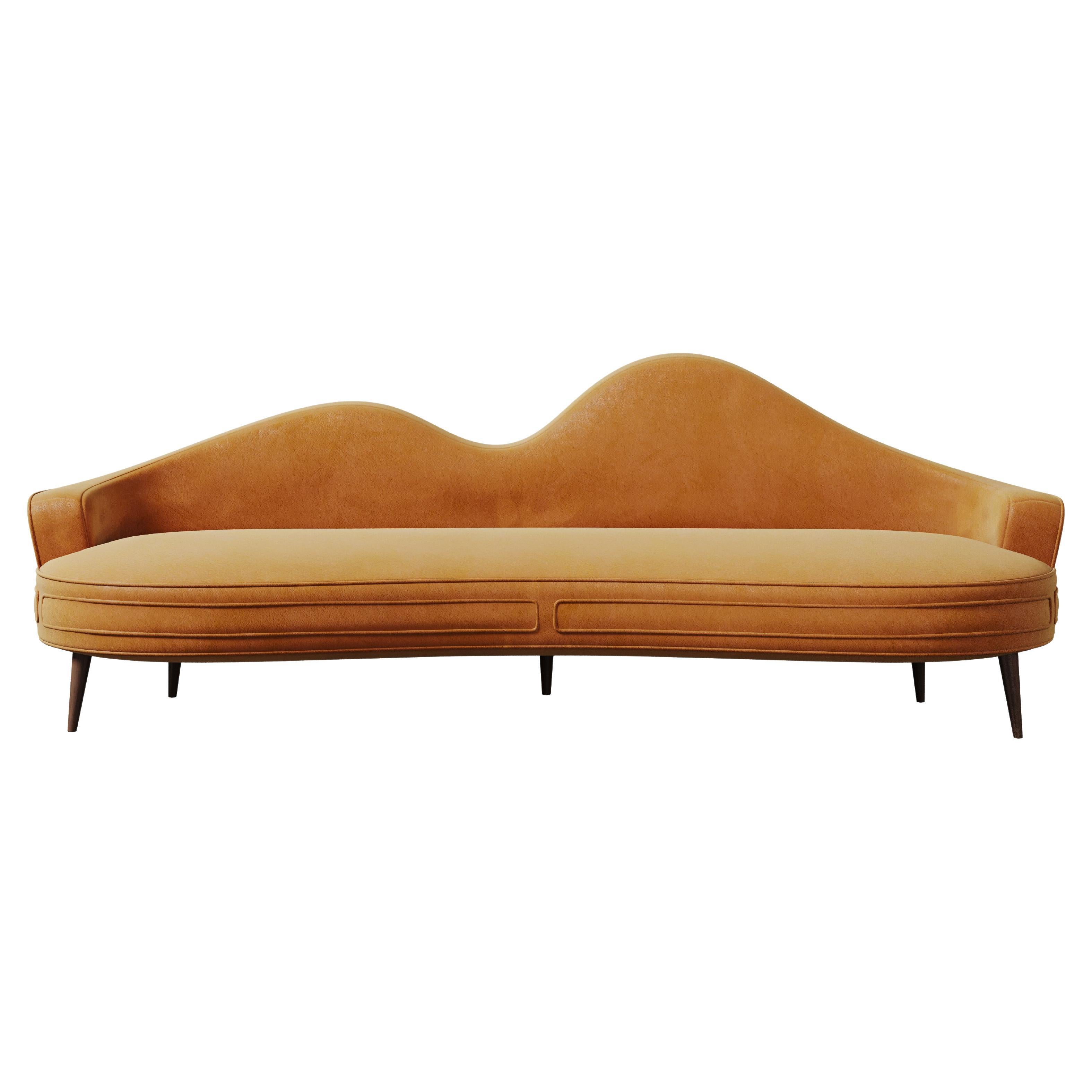 Mid-Century Modern Swanson Sofa Cotton Velvet Walnut Wood Brass For Sale