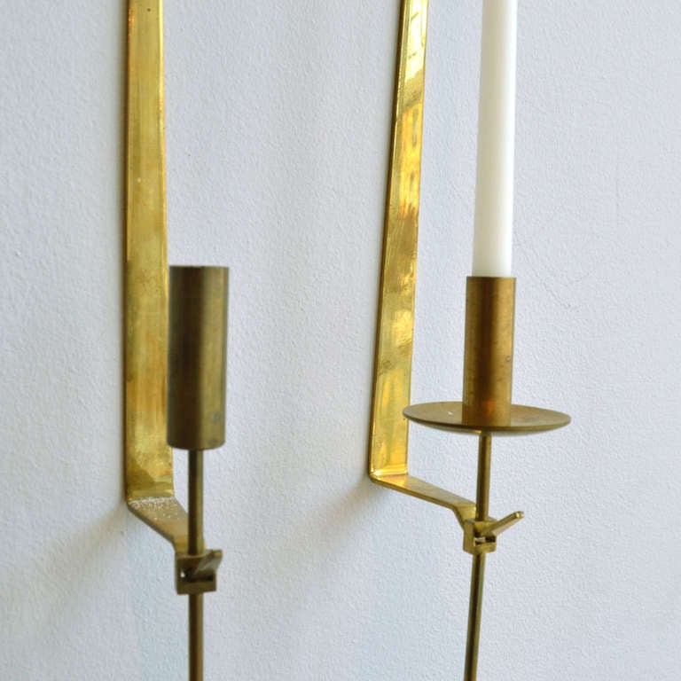 Scandinavian Modern Set of 3 Mid-Century Modern Swedish Brass Pendel Candlesticks by Pierre Forsell