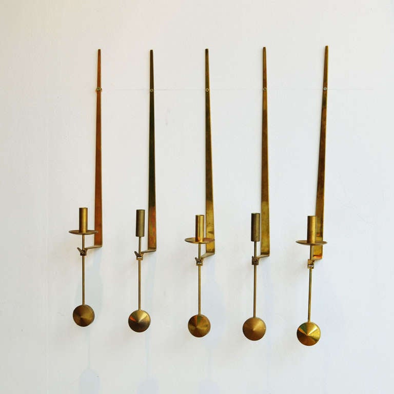 Set of 3 Mid-Century Modern Swedish Brass Pendel Candlesticks by Pierre Forsell In Excellent Condition In London, GB