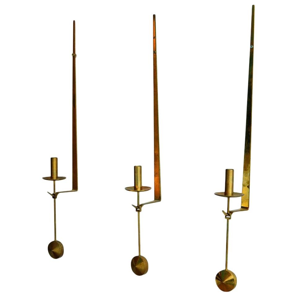 Set of 3 Mid-Century Modern Swedish Brass Pendel Candlesticks by Pierre Forsell