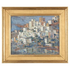 Mid Century Modern Swedish Cubist Style Oil Painting of a Landscape 