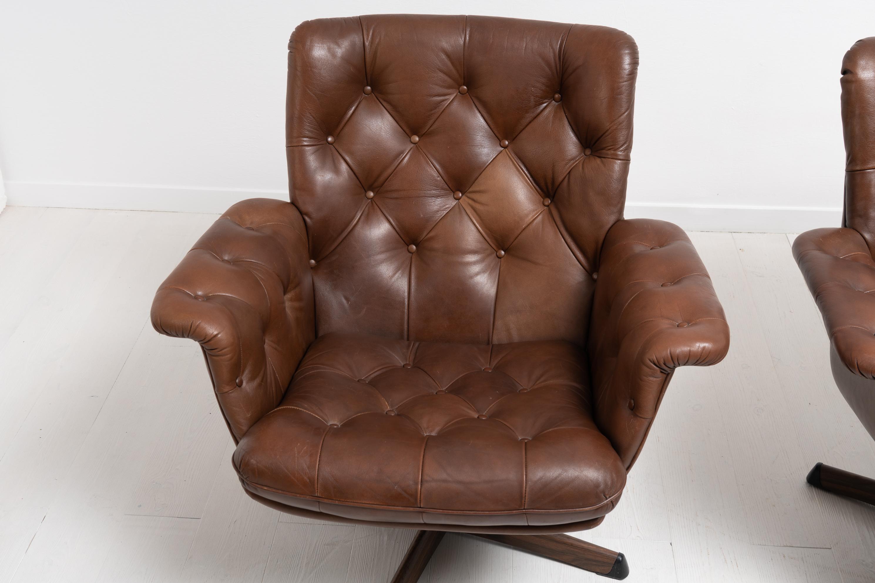20th Century Mid-Century Modern Swedish Dark Brown Leather Armchairs 