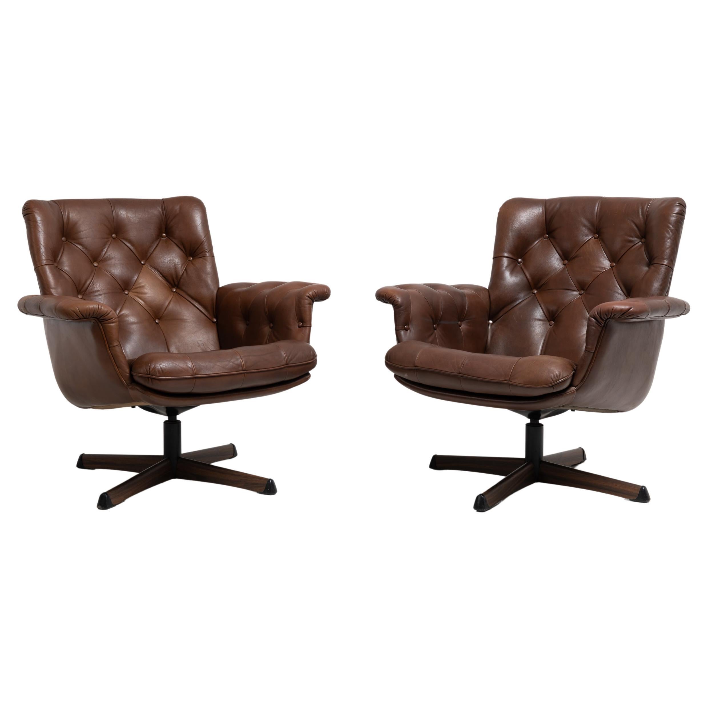 Mid-Century Modern Swedish Dark Brown Leather Armchairs 
