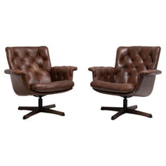 Mid-Century Modern Swedish Dark Brown Leather Armchairs