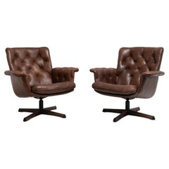 Mid-Century Modern Swedish Dark Brown Leather Armchairs 