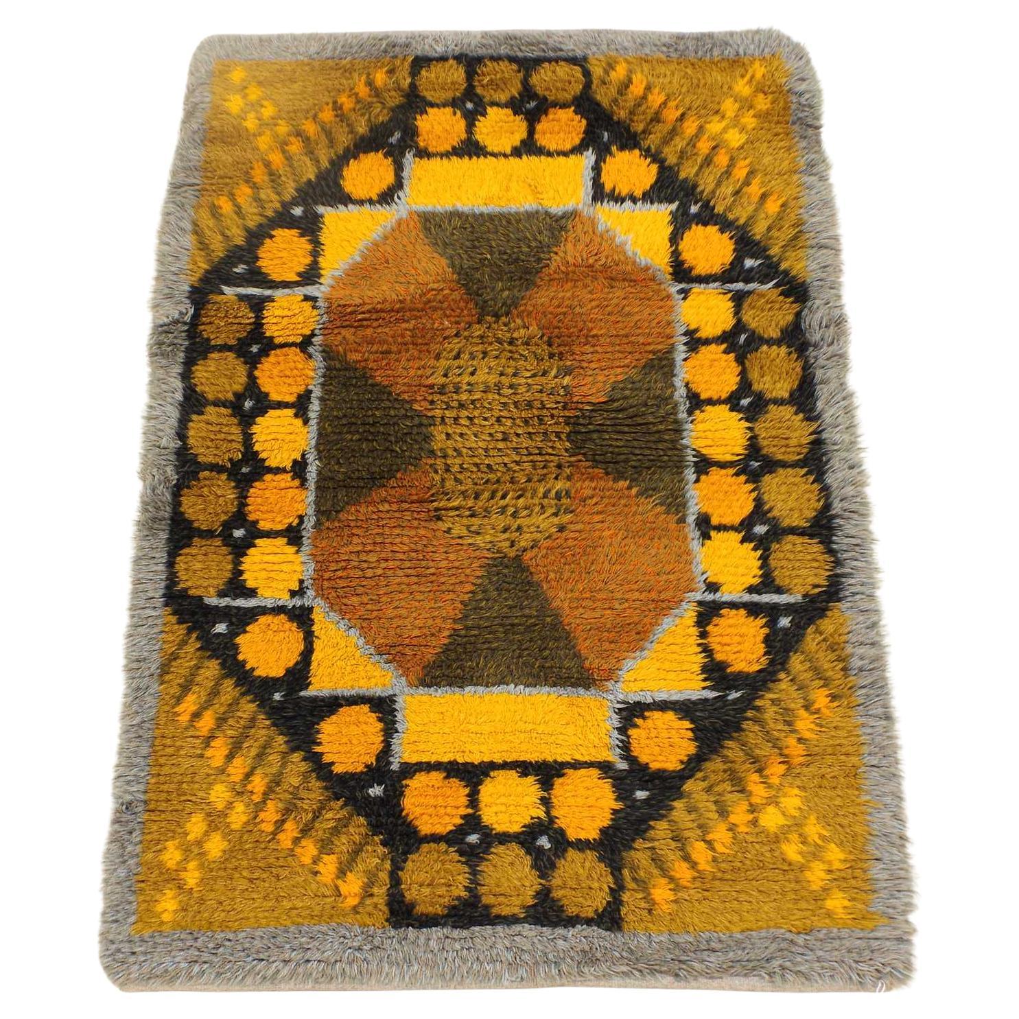 Tappeto Rya svedese moderno di metà secolo in grigio, arancione e marrone, anni 
60