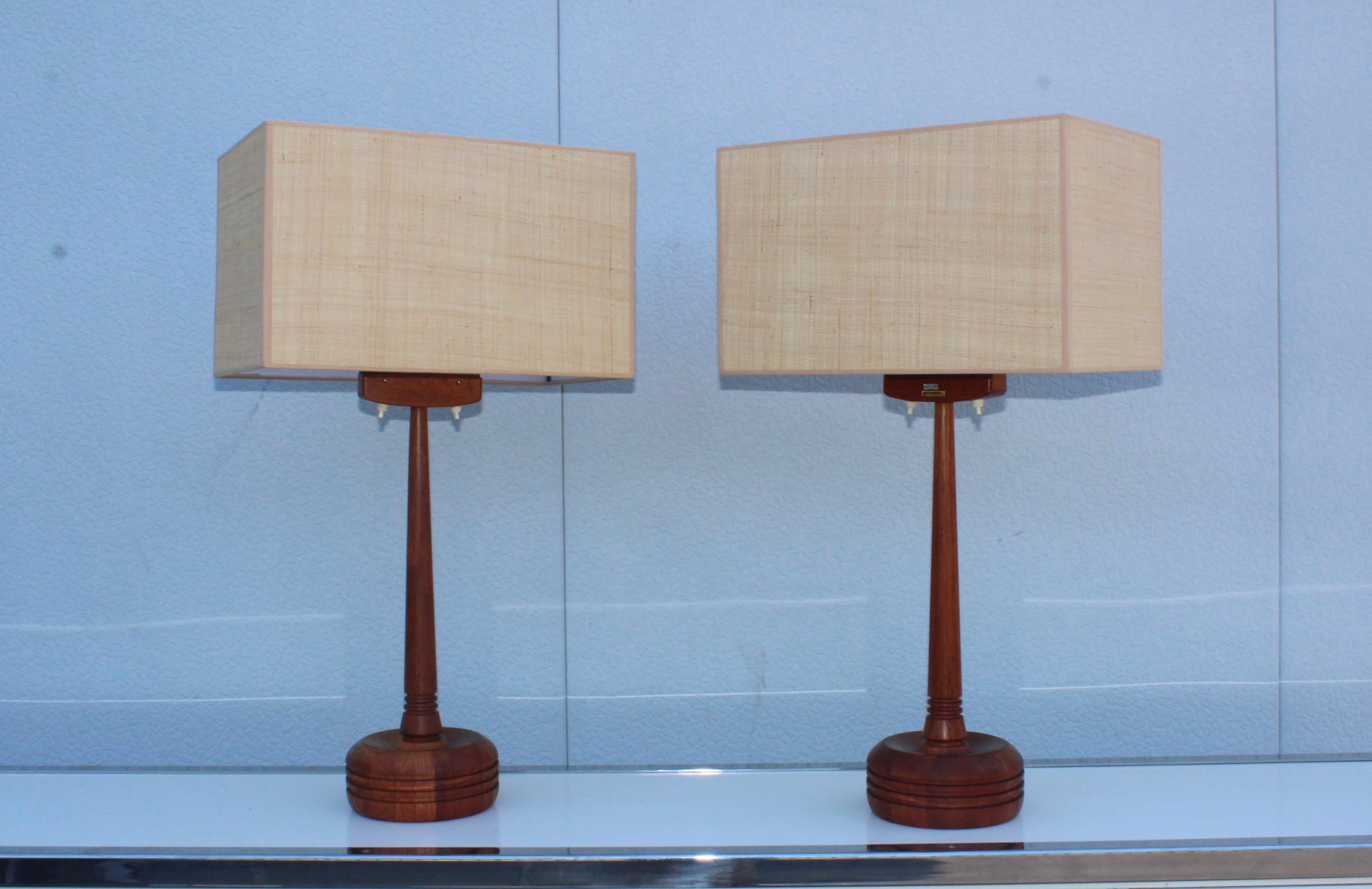 1960s solid teak table lamps attributed to Henrik Blomqvist for Stilarmatur Tranás, Sweden.

Shades for photography only.