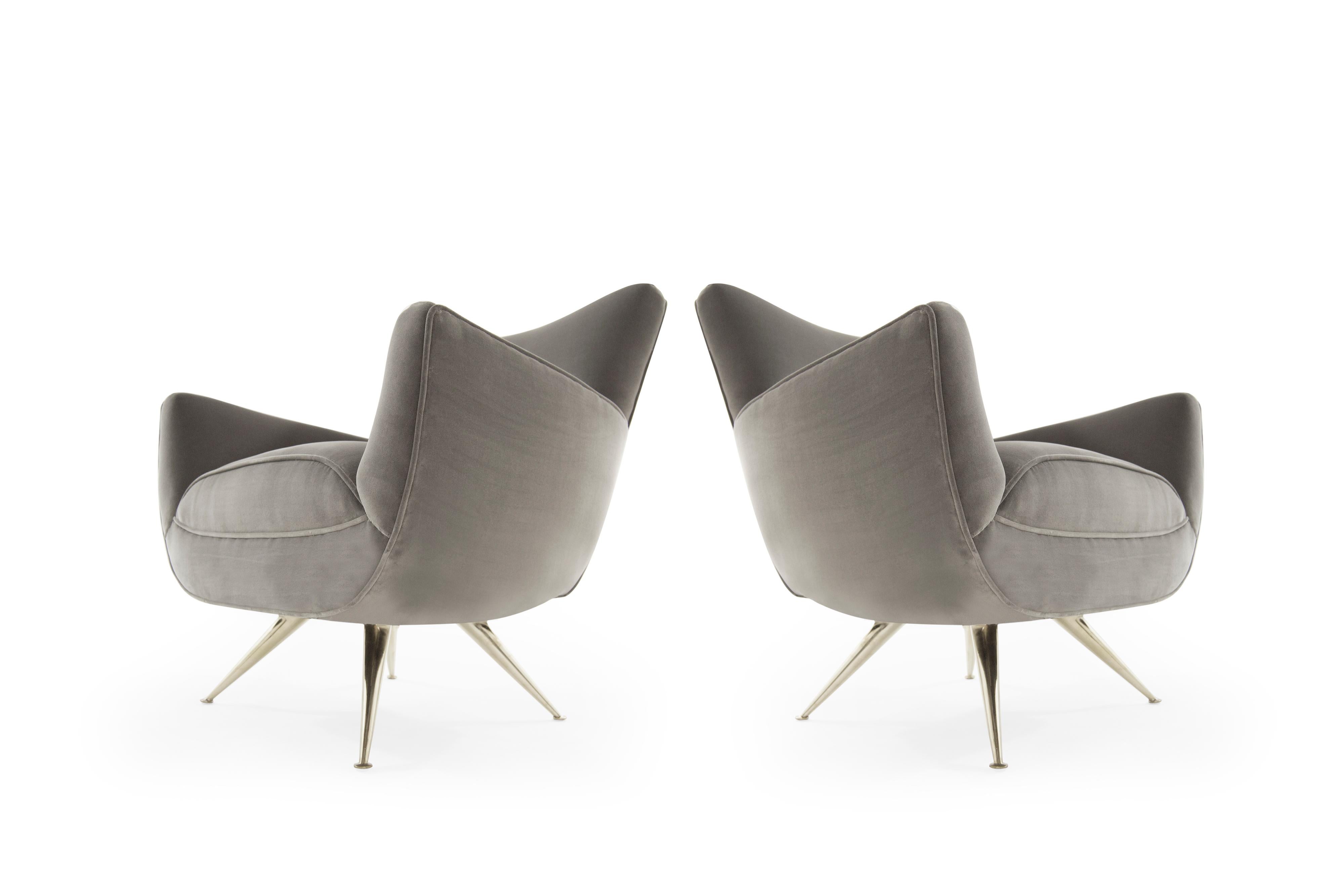 Brass Mid-Century Modern Swivel Chairs by Henry Glass in Grey Velvet